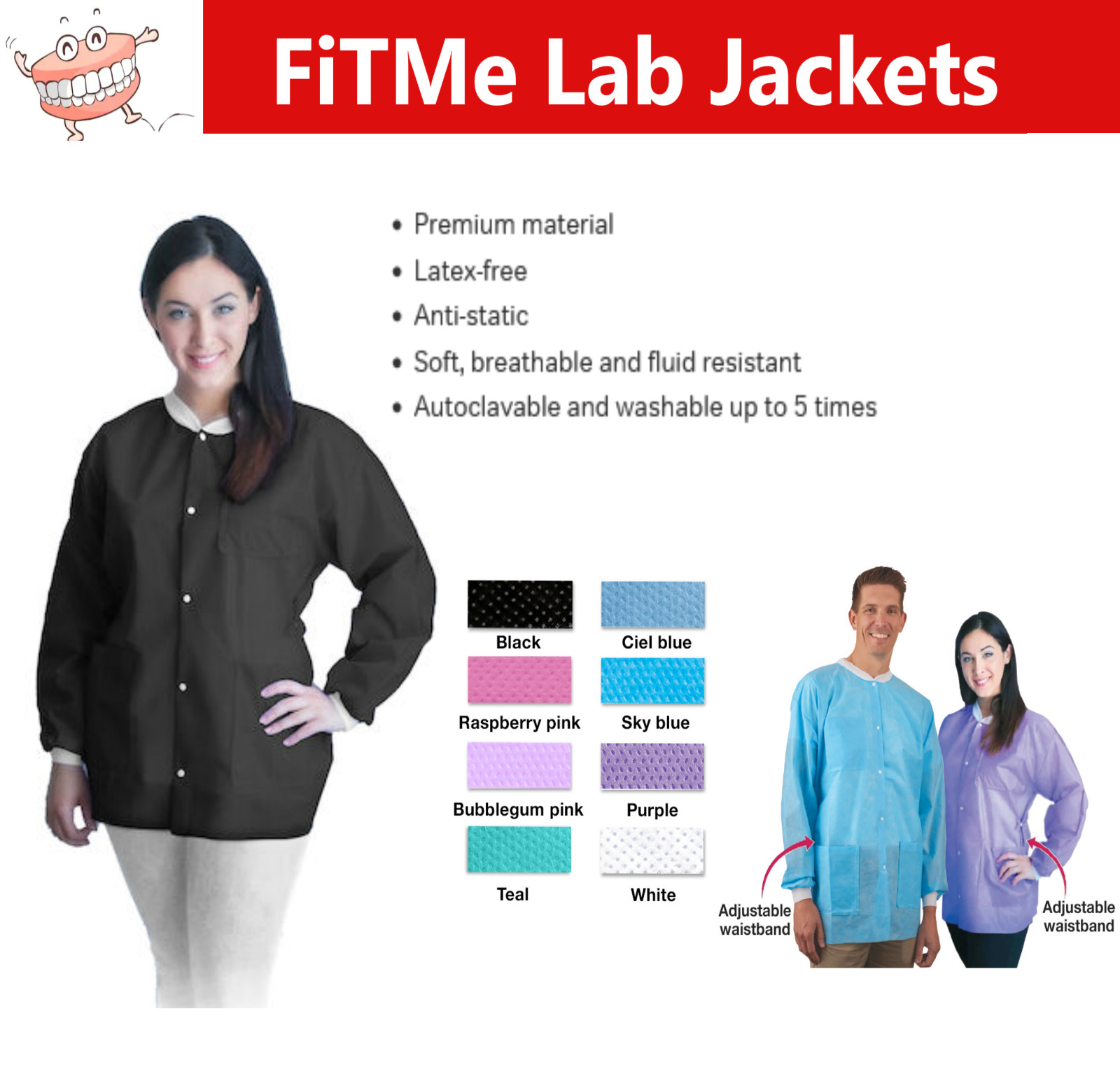 FiTMe Lab Jackets Latex-free Autoclavable, Knit cuffs and 2 hip & 1 chest pocket