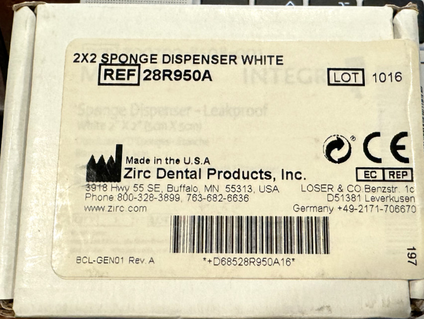 Zirc Dental Medical 2×2 Sponge Gauze Dispenser White 28R950A MADE IN USA