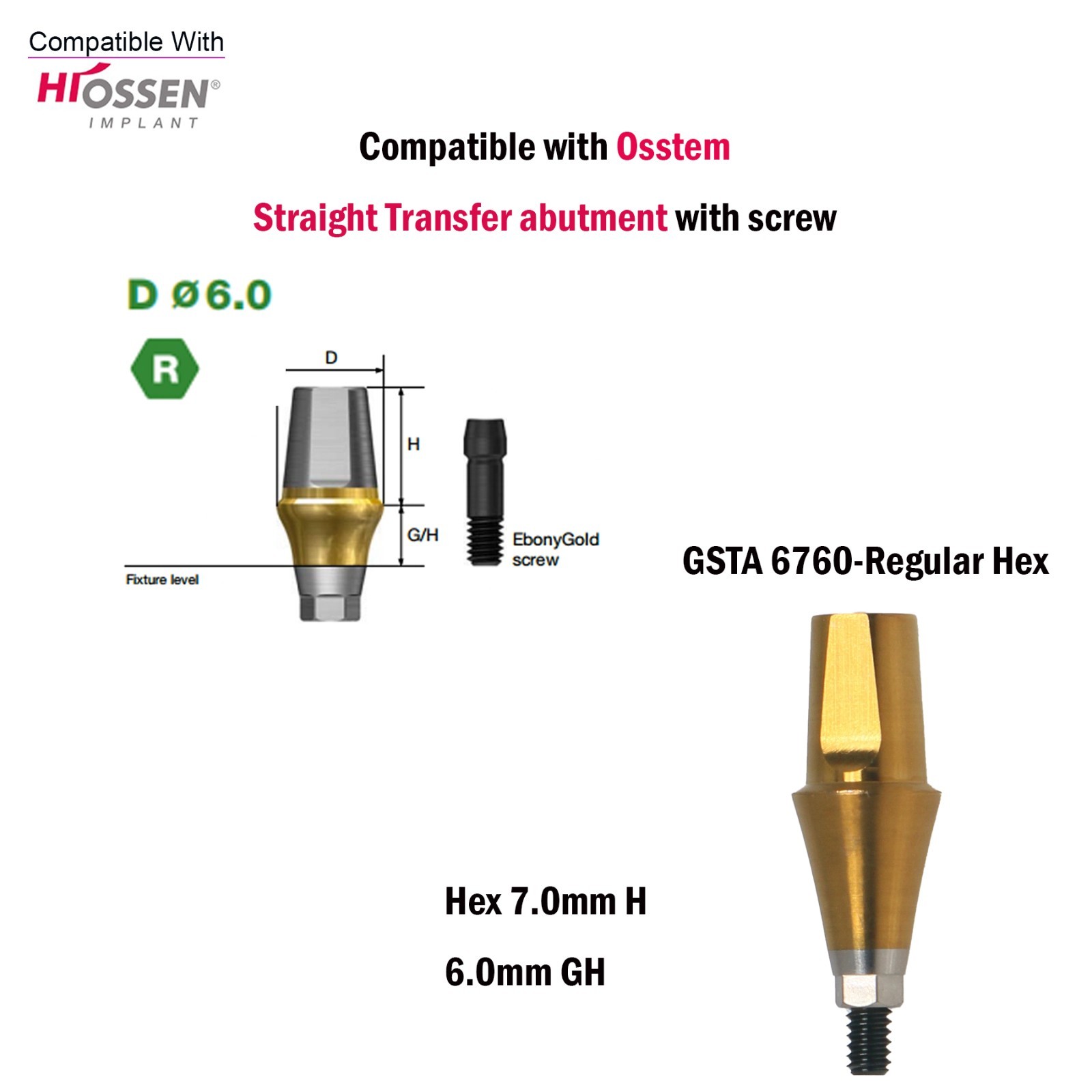 US Dental Straight Transfer Abutment Regular Ø6.0mm 1-6mm GH For Hiossen Osstem