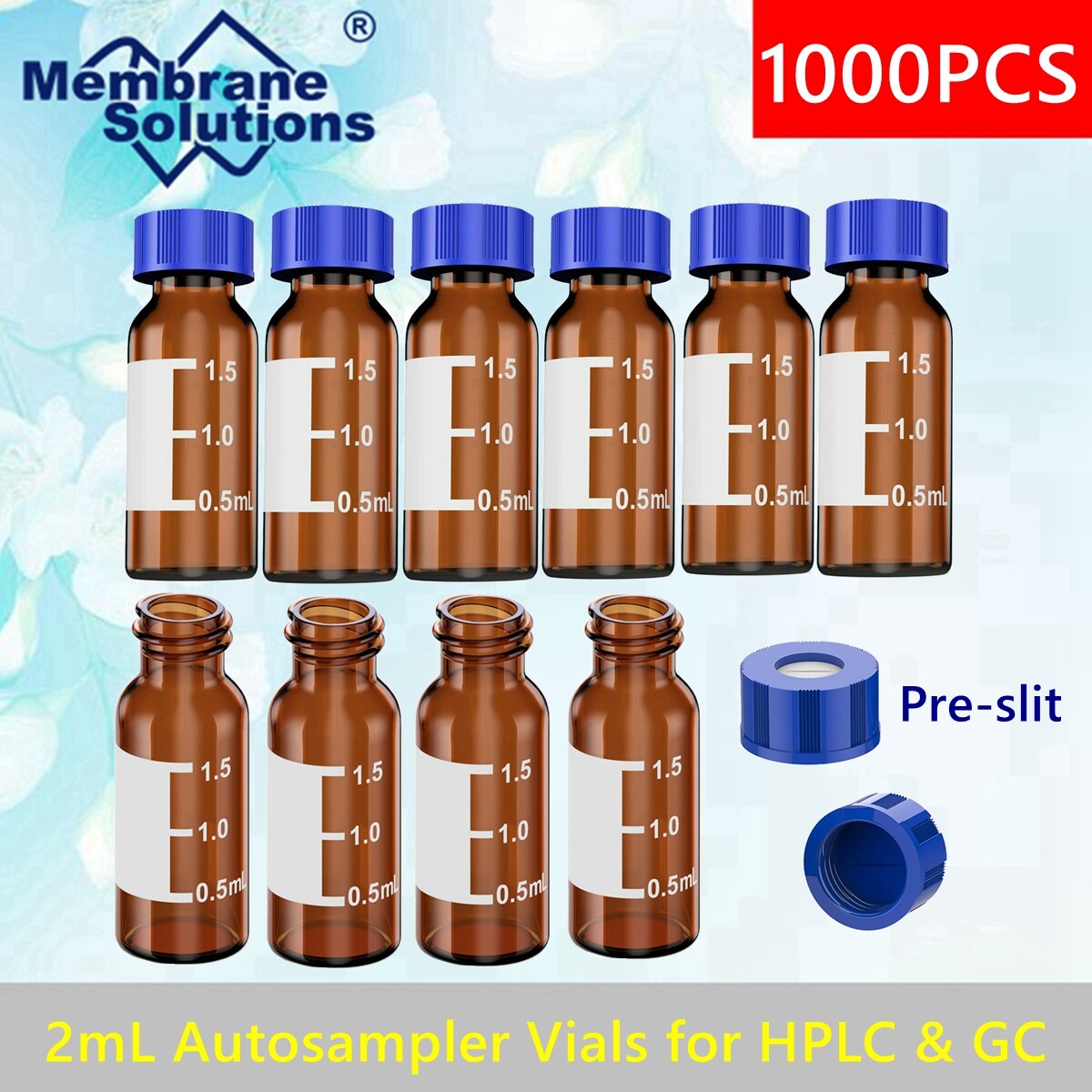 1000p 2mL Autosampler Amber Screw HPLC Vials Pre-slit Caps Write Area Graduation