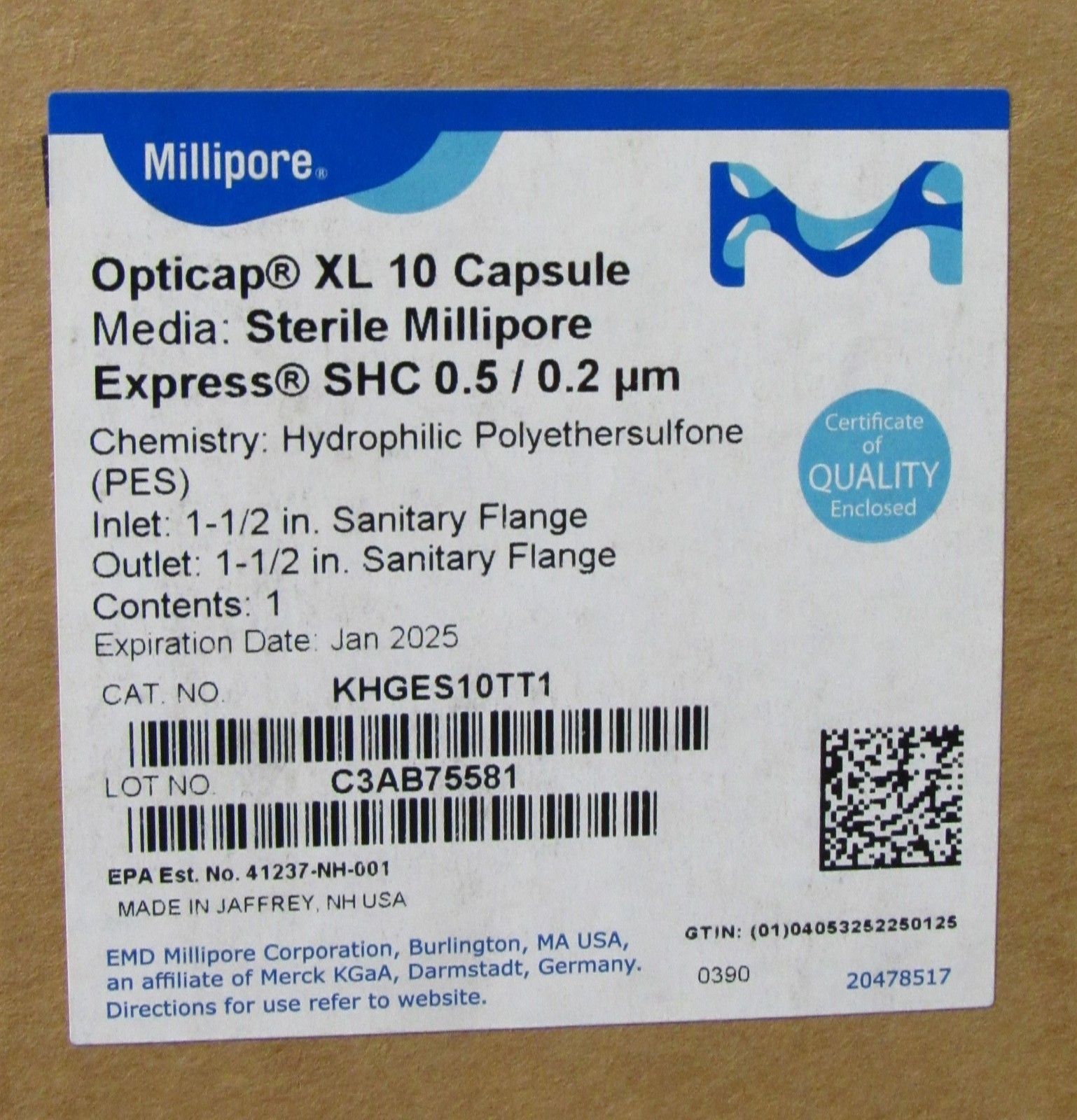 Millipore KHGES10TT1 Express SHC 0.5/0.2µm, Opticap XL 10 Capsule Filter