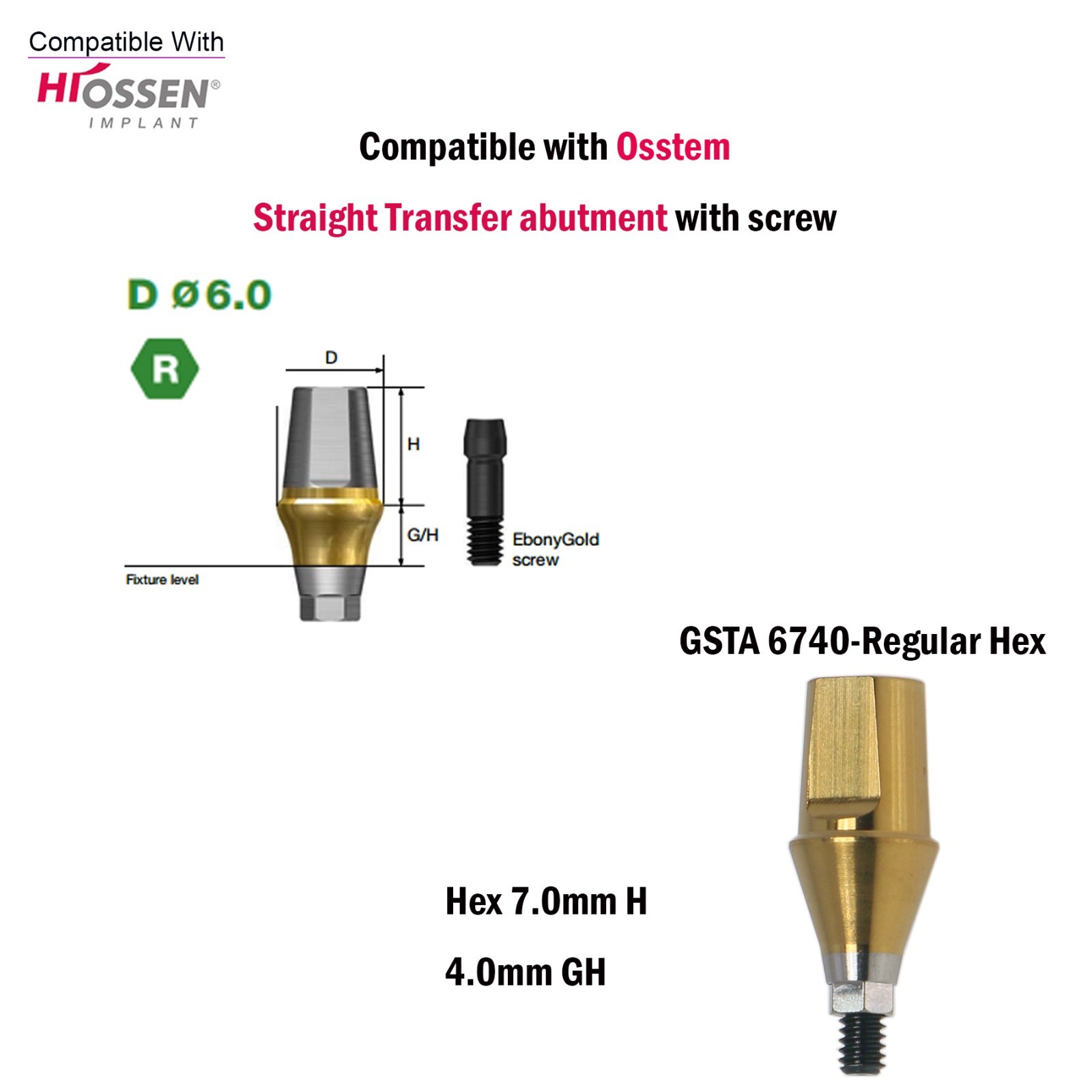 US Dental Straight Transfer Abutment Regular Ø6.0mm 1-6mm GH For Hiossen Osstem