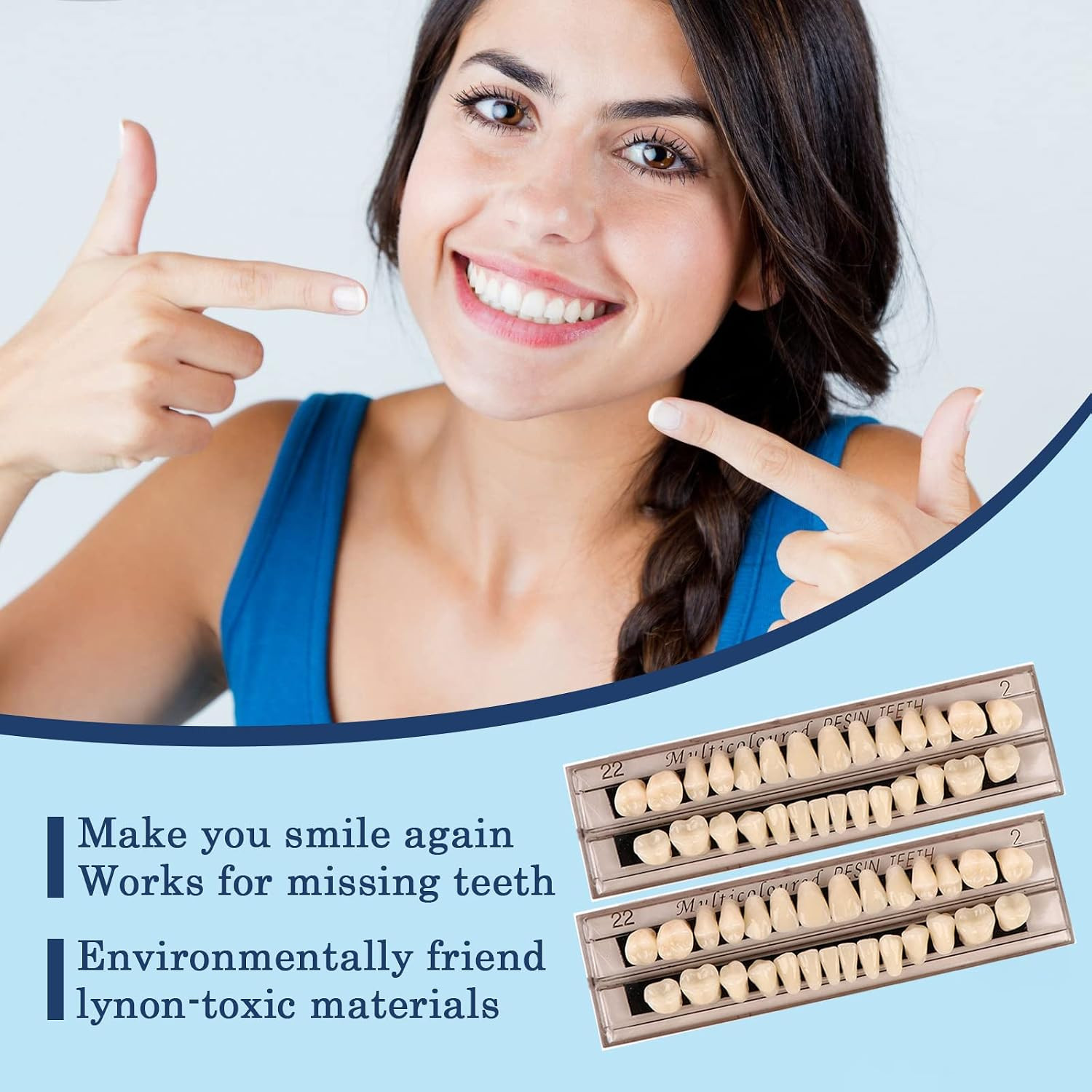 56 Pieces False Teeth, 2 Sets Whole Teeth Synthetic Polymer Denture Teeth, 22 Sh
