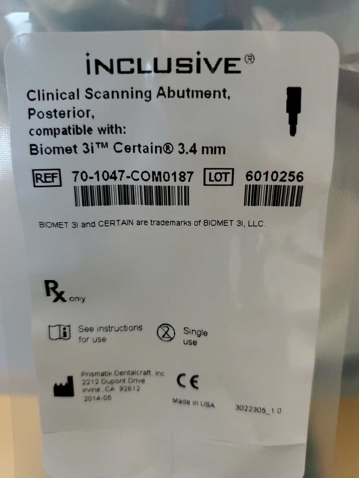 Inclusive Clinical Scanning Abutment Posterior Compatible With Biomet 3i CERTAIN