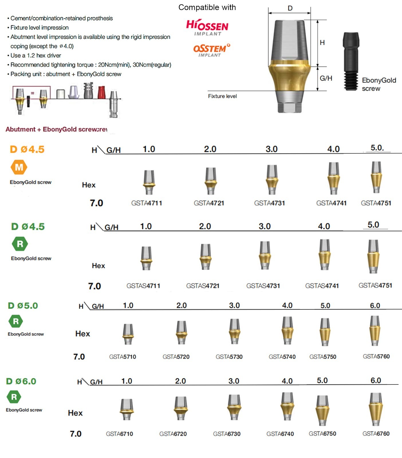 US Dental titanium abutment Compatible Hiossen ET SA Hex Mini/Regular Implants