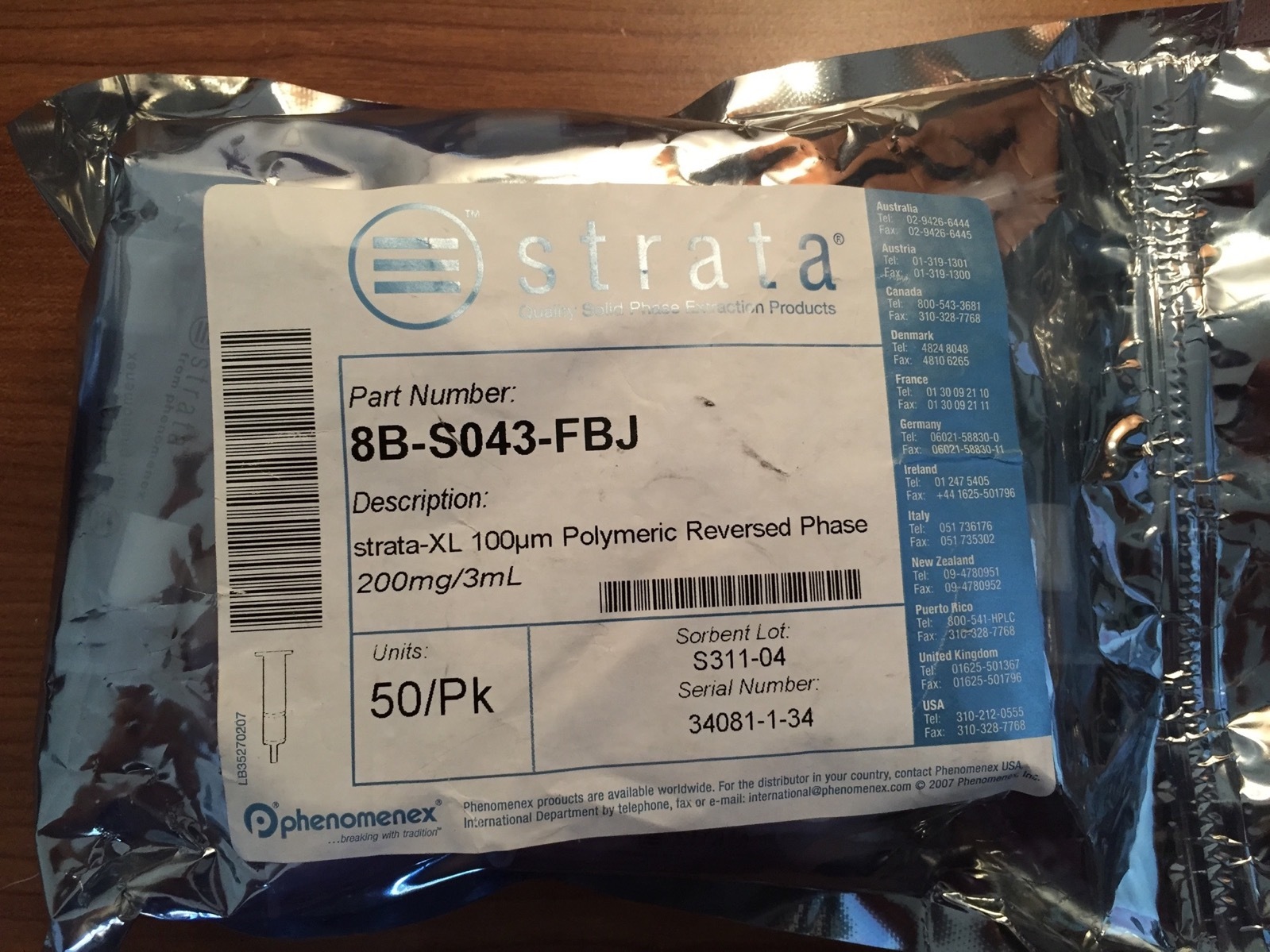 Phenomenex Strata-XL, 100µm Poly Rev’d Phase Resin, 200mg/3mL, 8B-S043-FBJ 50-pk
