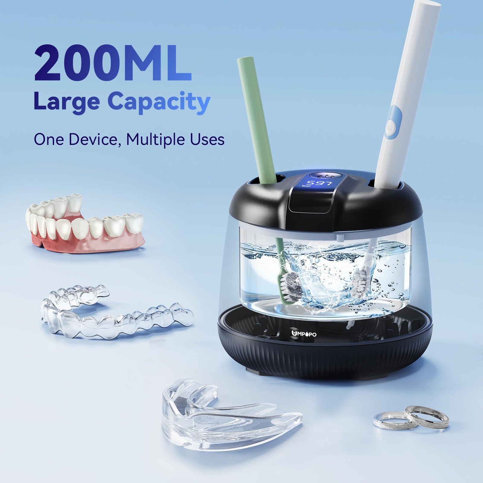 UMPOPO Ultrasonic Retainer Cleaner Machine 48kHz, Dental Cleaning Pod, Black