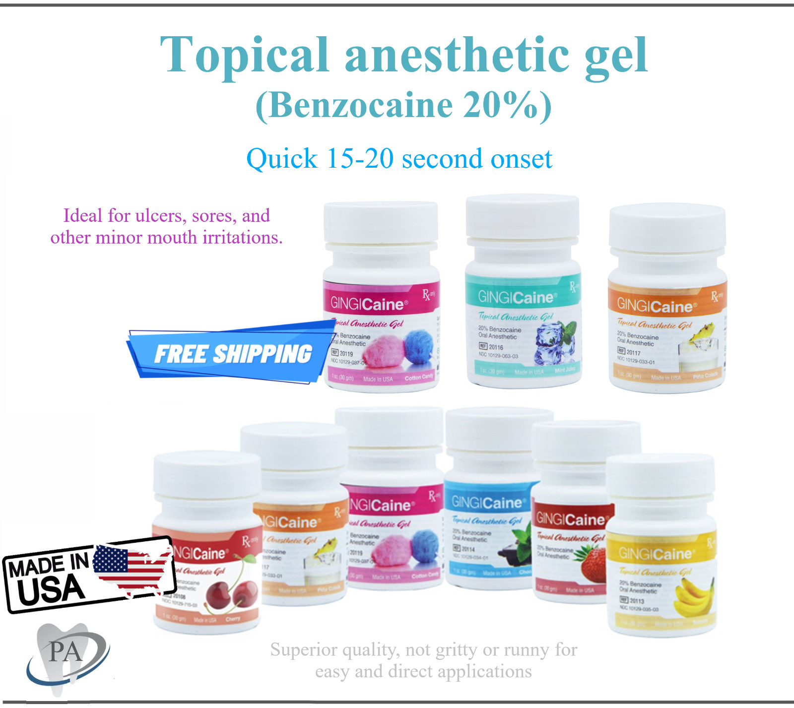 Dental Gingicaine Topical Gel Mint Julep, Bing Cherry, Banana, 1 oz Exp: 02/2029