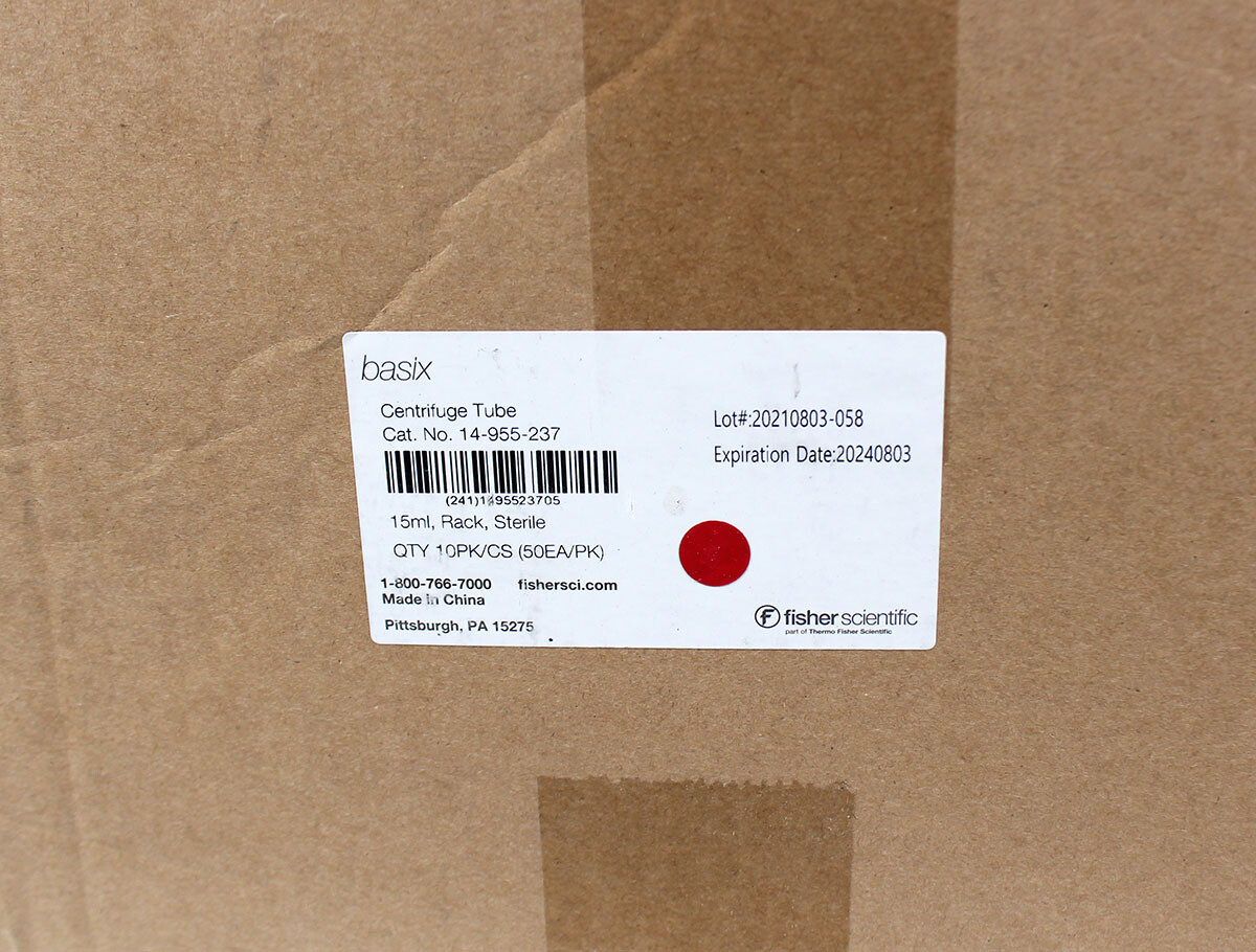 Fisher Scientific 14-955-237 15mL Sterile Conical Centrifuge Tubes, 500pcs