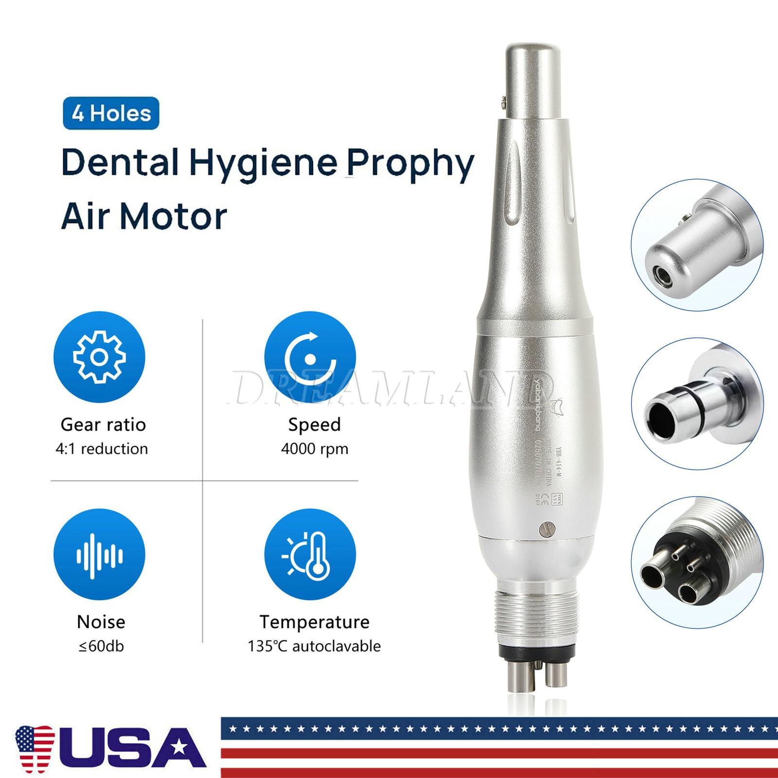 Dental Hygiene Prophy Handpiece Air Motor 4Holes 4:1 Nose Cone 360°Swivel PRU