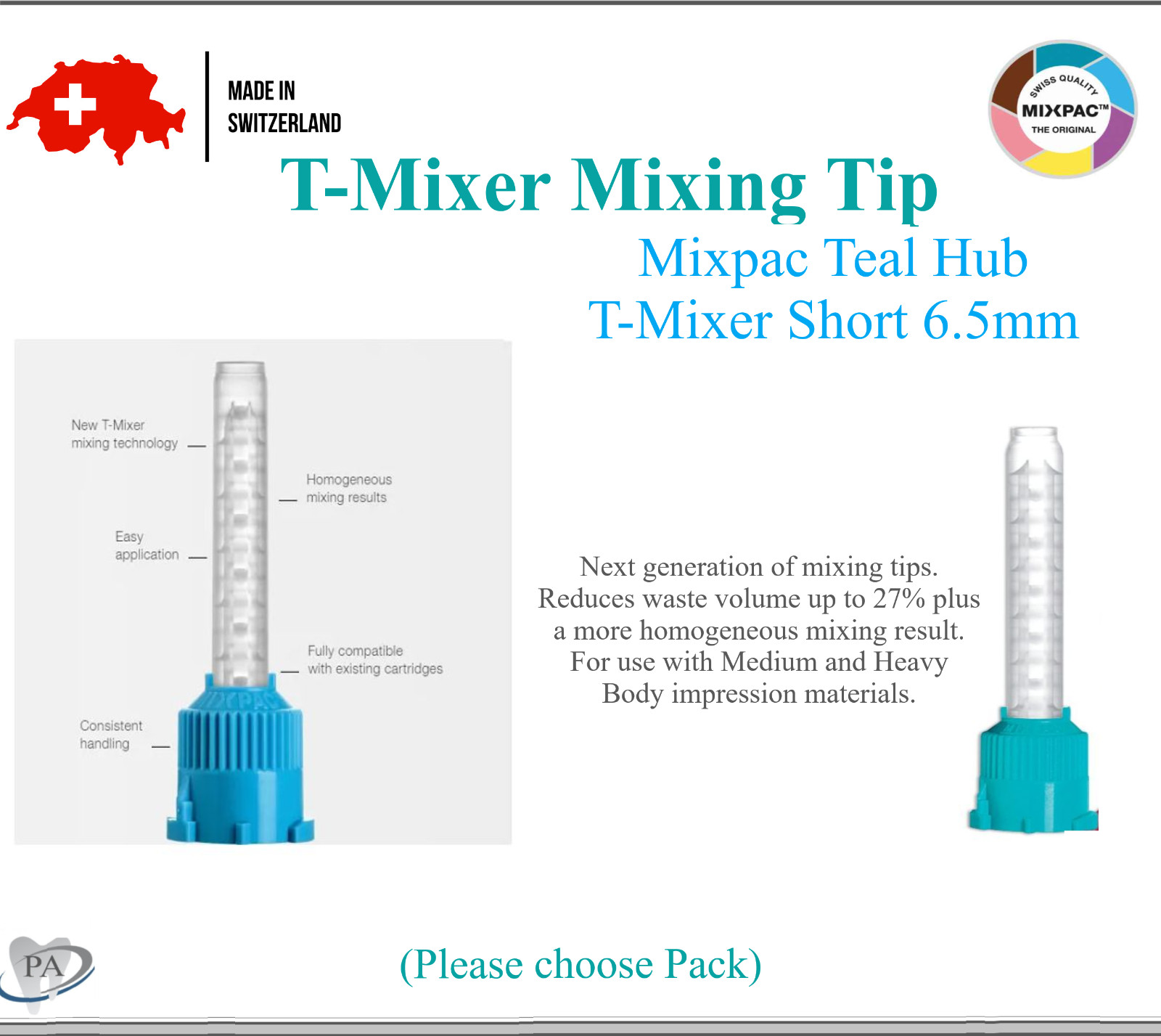 Dental HP “T” Mix Tips (Short) For HB VPS Impression Material, Teal, 6.5mm