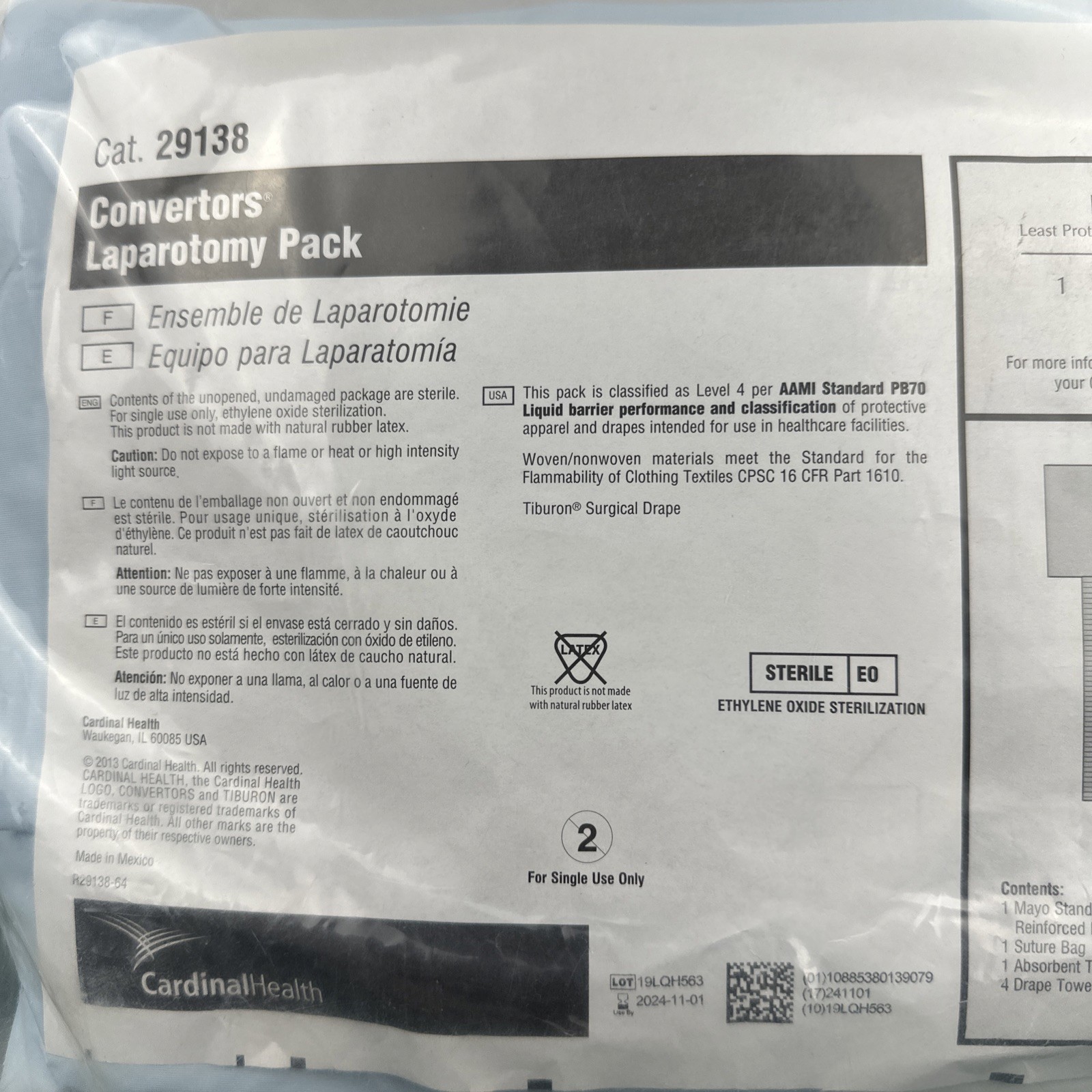 Cardinal Health Converters Laparotomy Pack Cat 29138 AAMI Level 4 Sterile