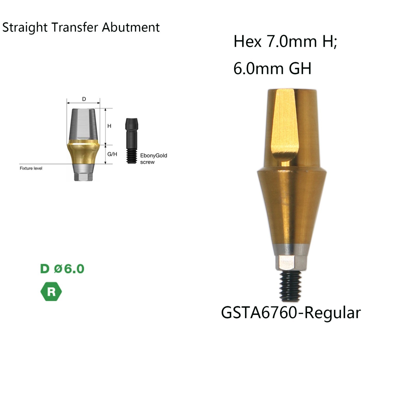 US Titanium straight abutment 7.0mm H compatible DIO UF II Platform Hex Regular