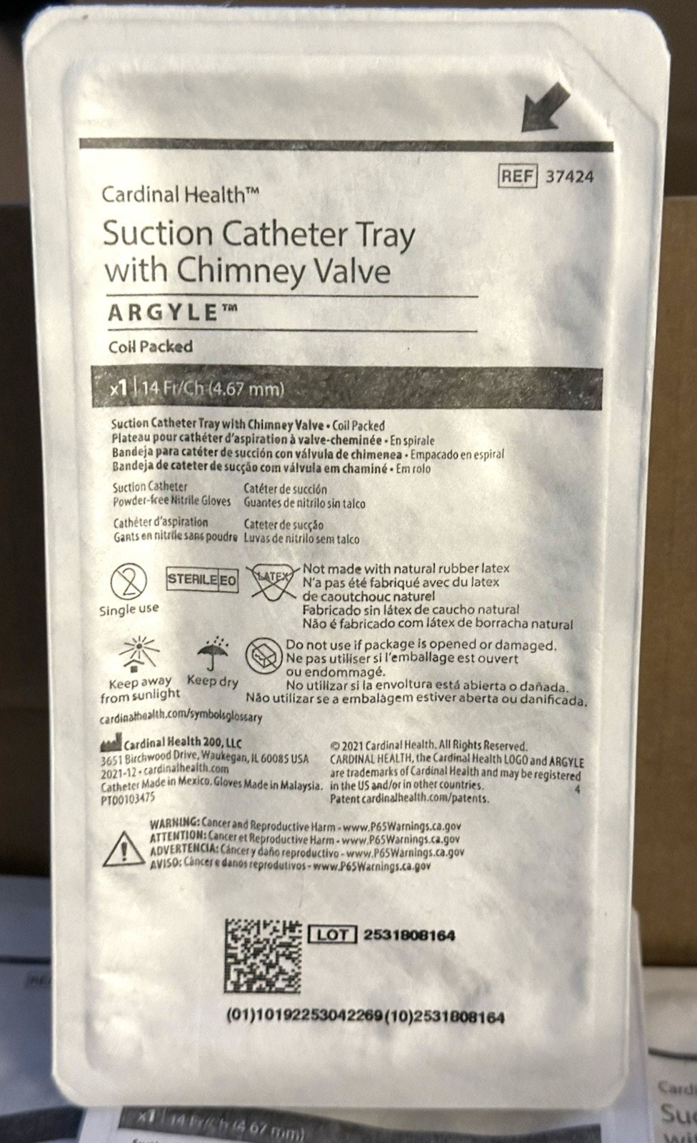 BOX OF 50 — COVIDIEN ARGYLE SUCTION CATHETER TRAY WITH CHIMNEY VALVE 37424