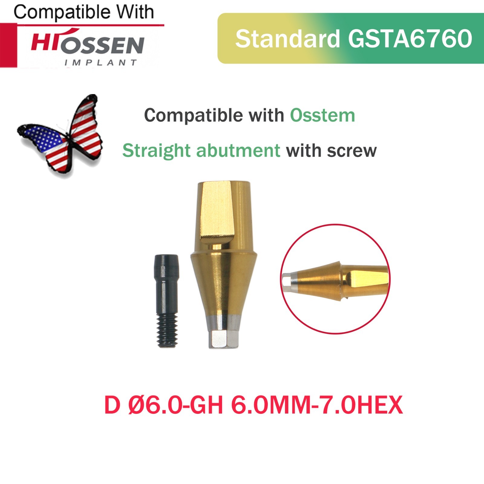 US Dental Straight Transfer Abutment Regular Ø6.0 mm Hex GH 1–6 mm Hiossen ET