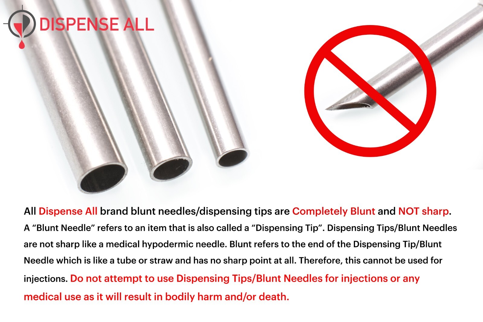Dispense All 8, 10, 12, 14 Gauge 1 Inch All Metal Blunt Tipped Dispensing Needle