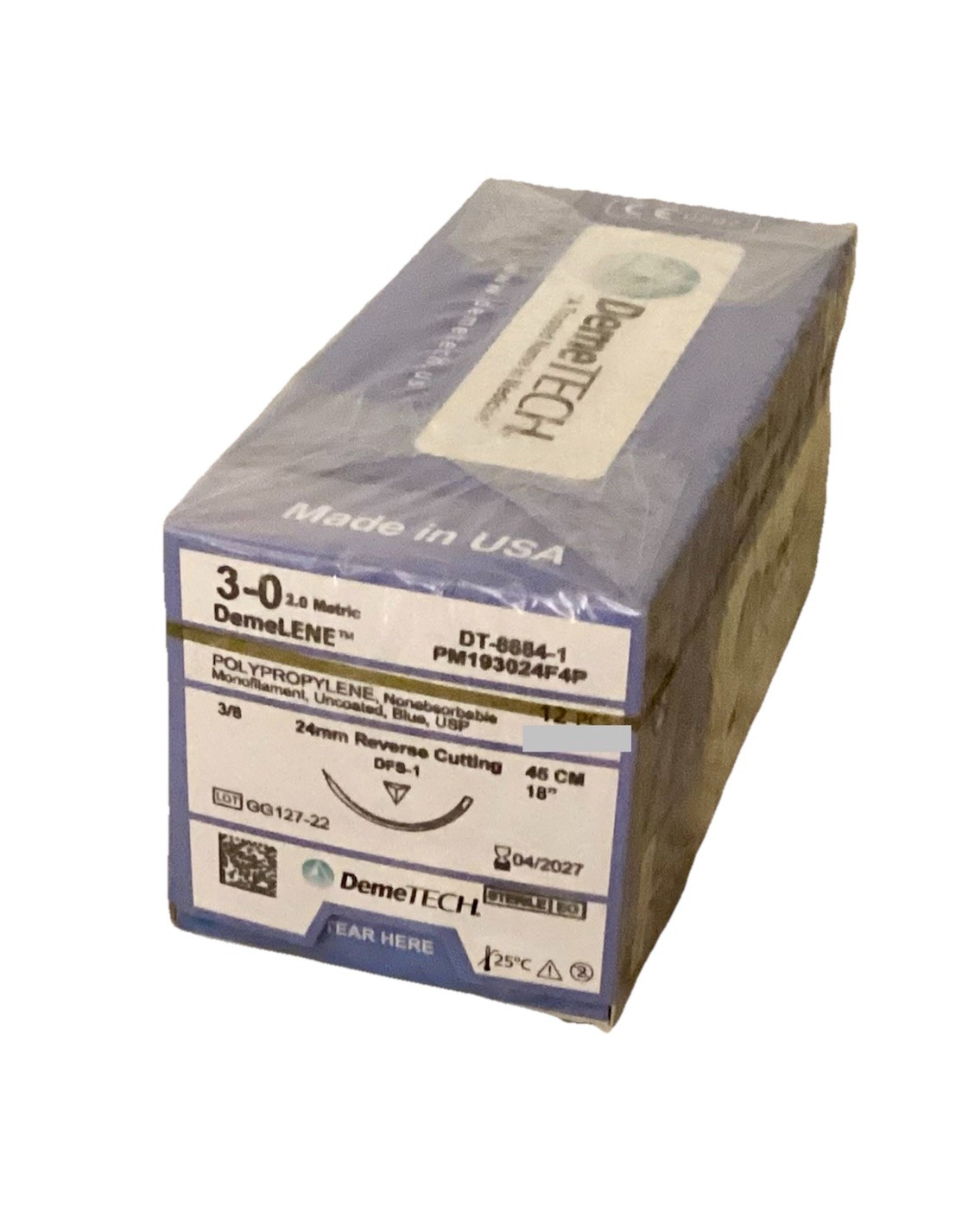 DemeLENE 3-0 USP Polypropylene Sutures 18” DFS-1 24mm RC 3/8c EXP 2027 NEW