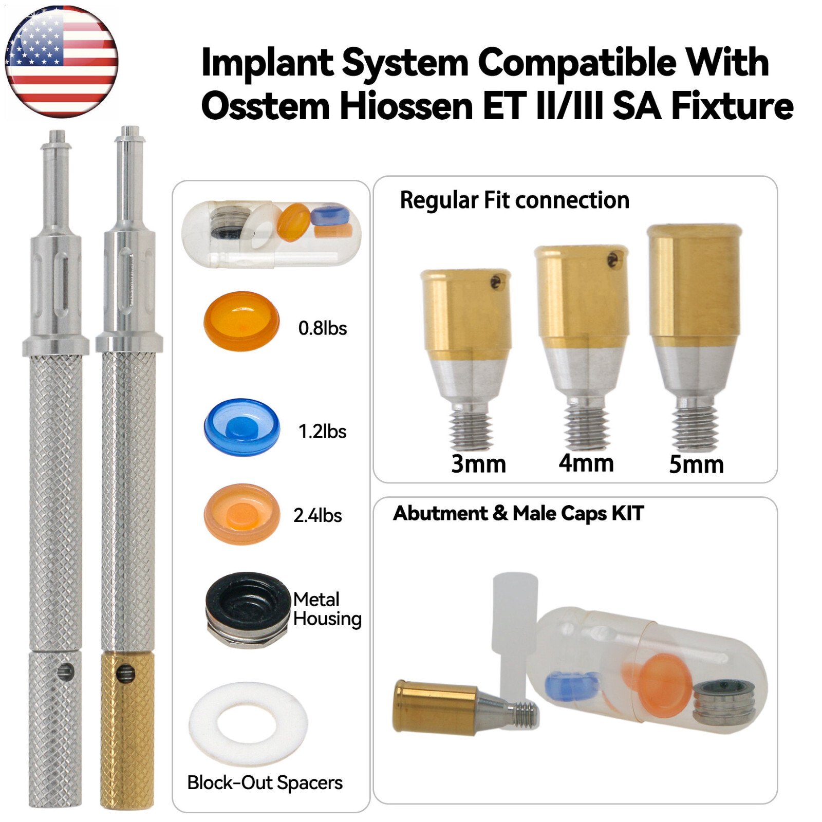 US Dental Hiossen Mini/Regular Attachment Abutment & Overdenture Male Caps Kits