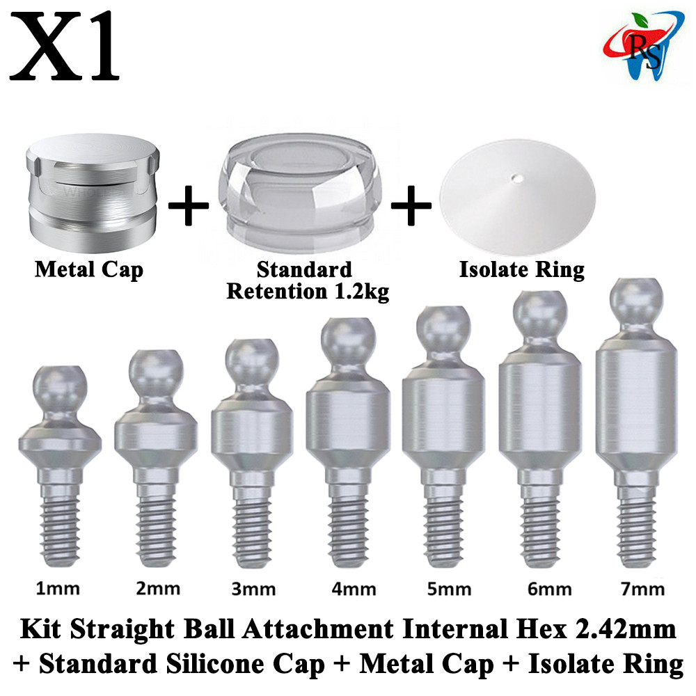 1x Kit Dental Straight Ball Attachment Standard Silicone Metal Cap Isolate Ring