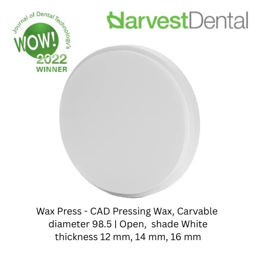 Harvest Dental White CAD Pressing Wax 3PCS Carvable 98.5 x 12, 14, 16mm