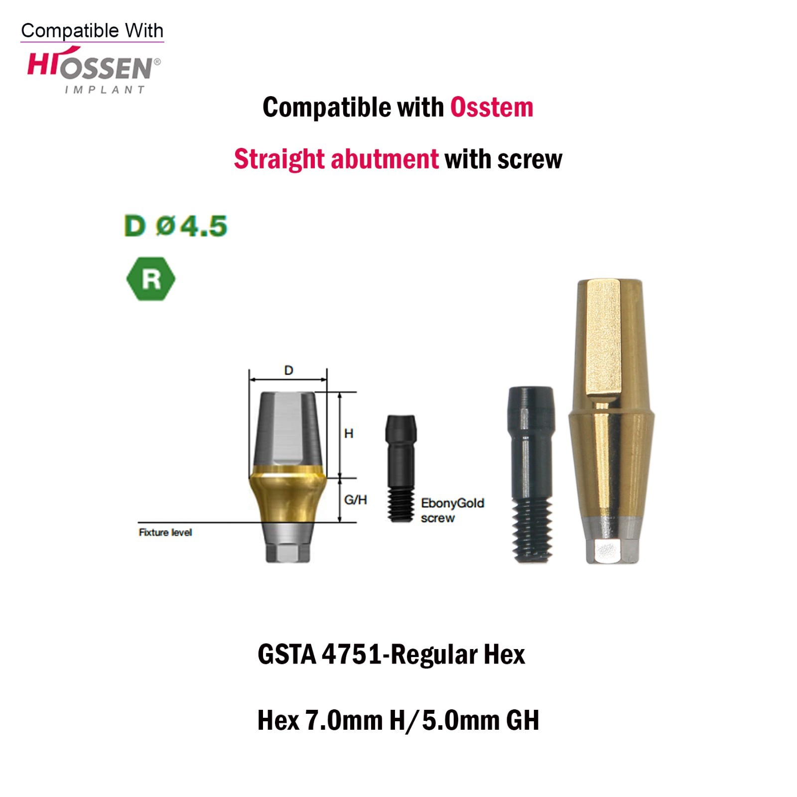 US Dental Straight Transfer Abutment Hex Regular Ø4.5For Osstem Hiossen TS 1-5mm