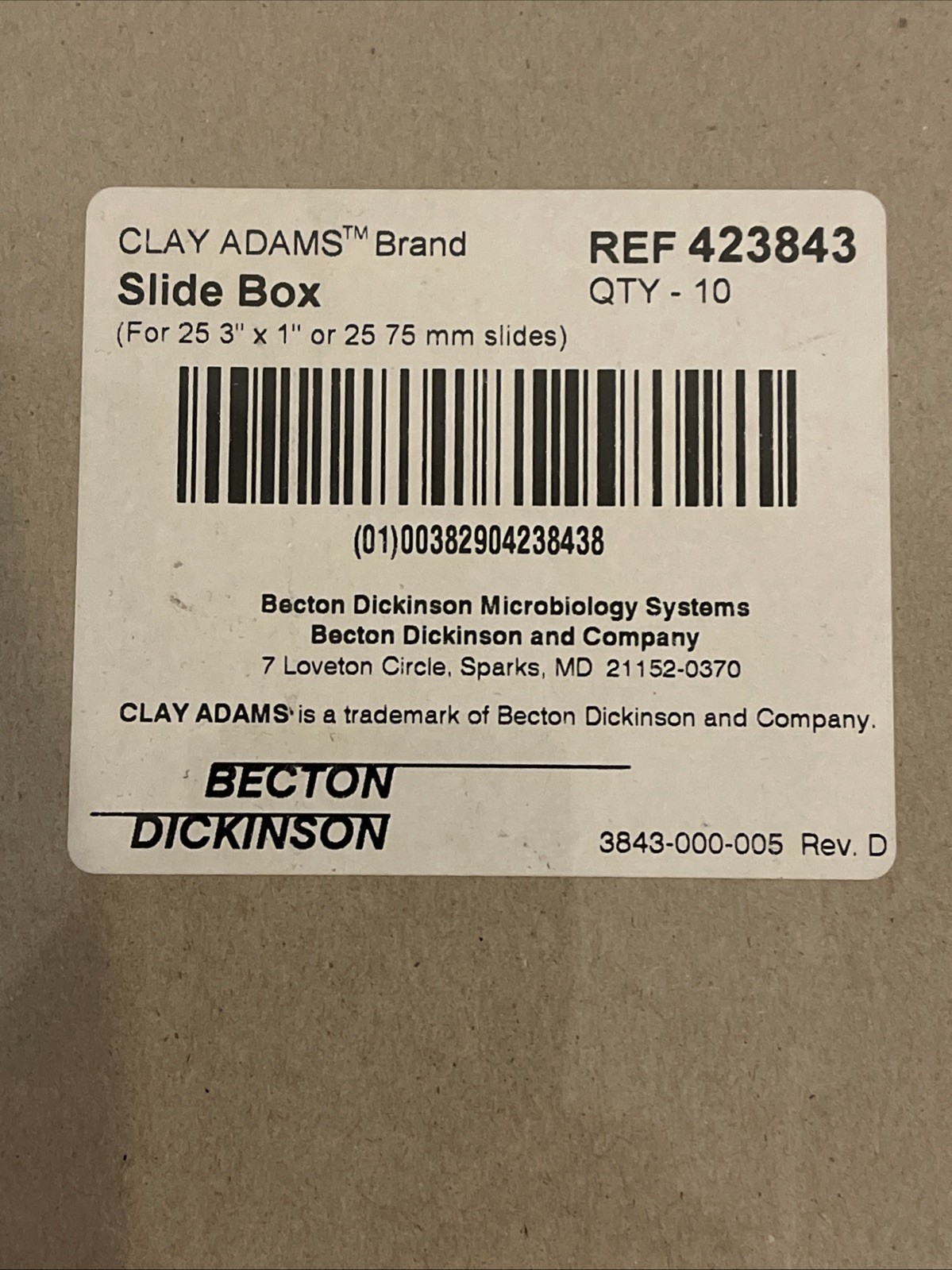 BECTON DICKINSON CLAY ADAMS BRAND SLIDE BOX REF 423843 Qty 10