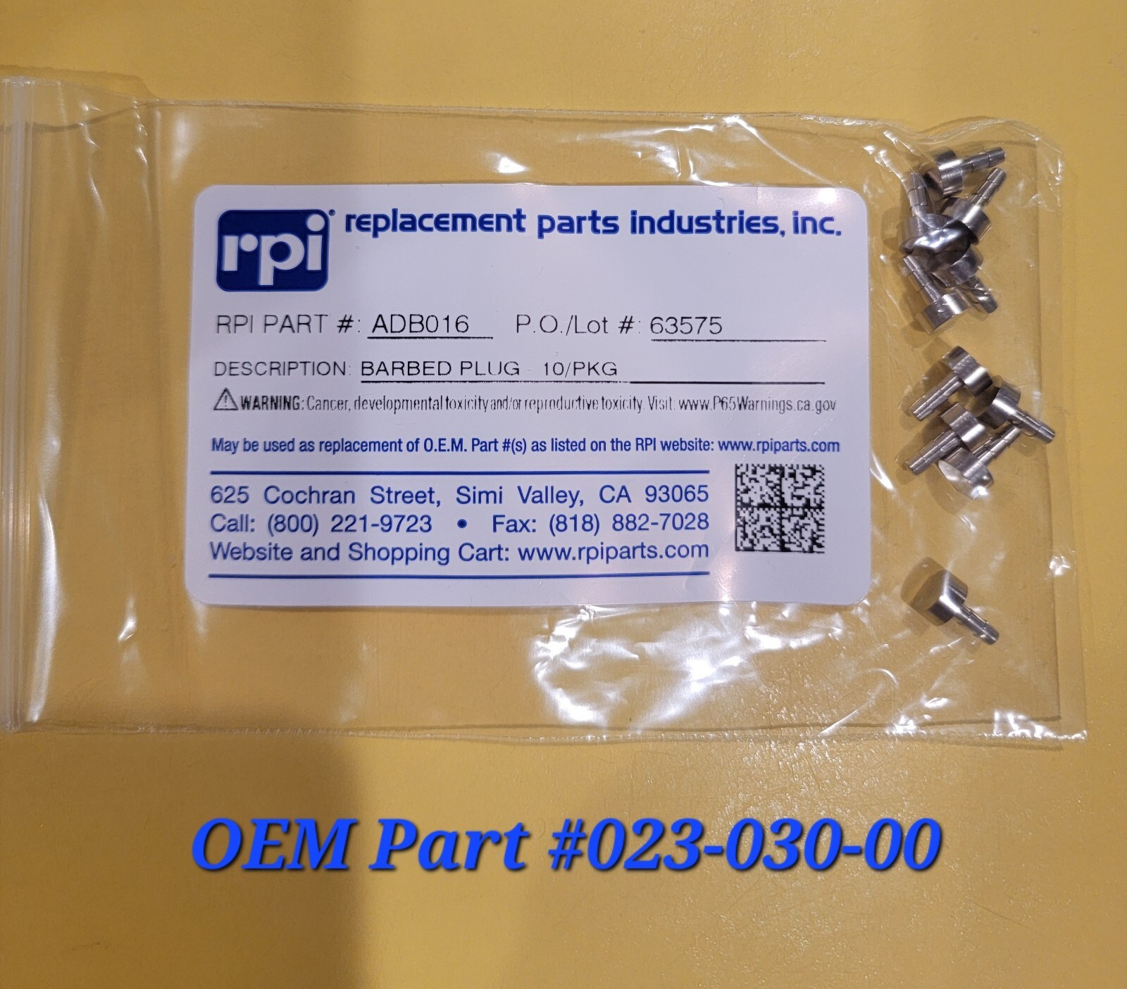 10 Barbed Plug 1/16″ Tube Blocker Endcap Dental RPI#ADB016OEM Part #023-030-00