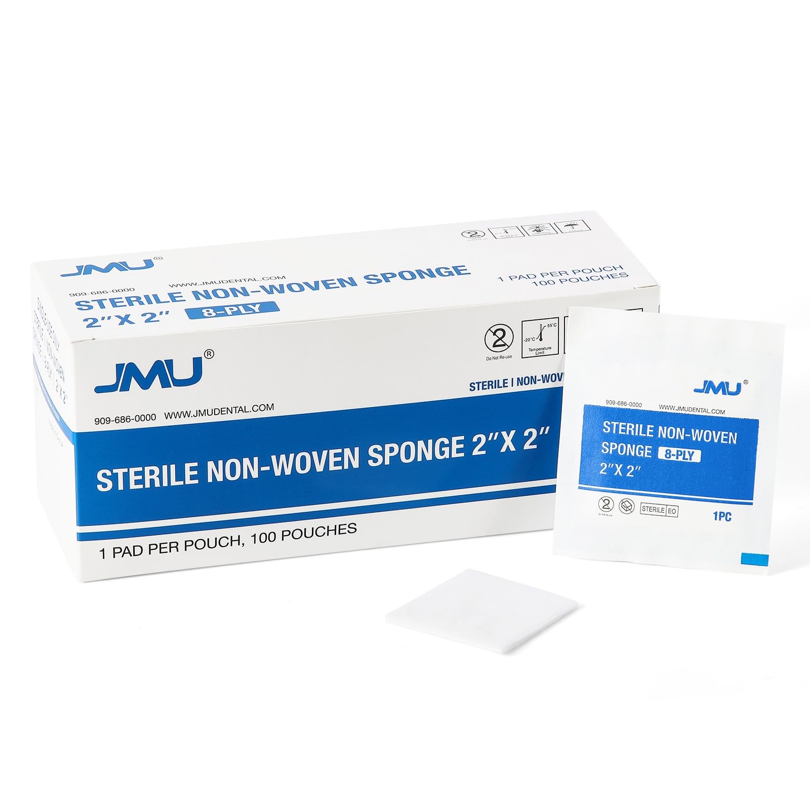 JMU 100 Pack Sterile Gauze Pads 2×2, 8-ply Highly Absorbent Non-Woven 2″x2″