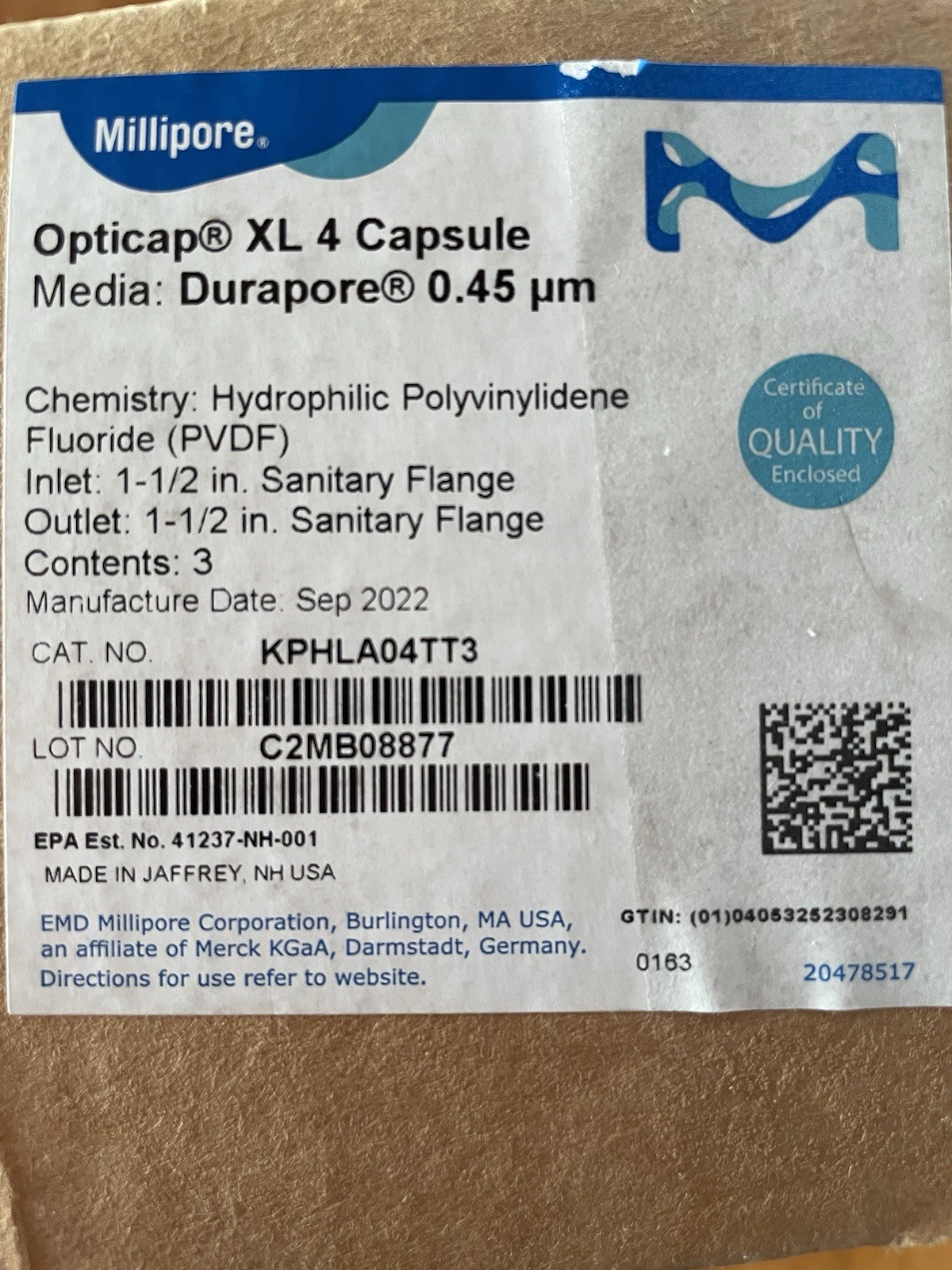 Millipore Opticap® XL4 Durapore® 0.45 µm Capsule Filter
