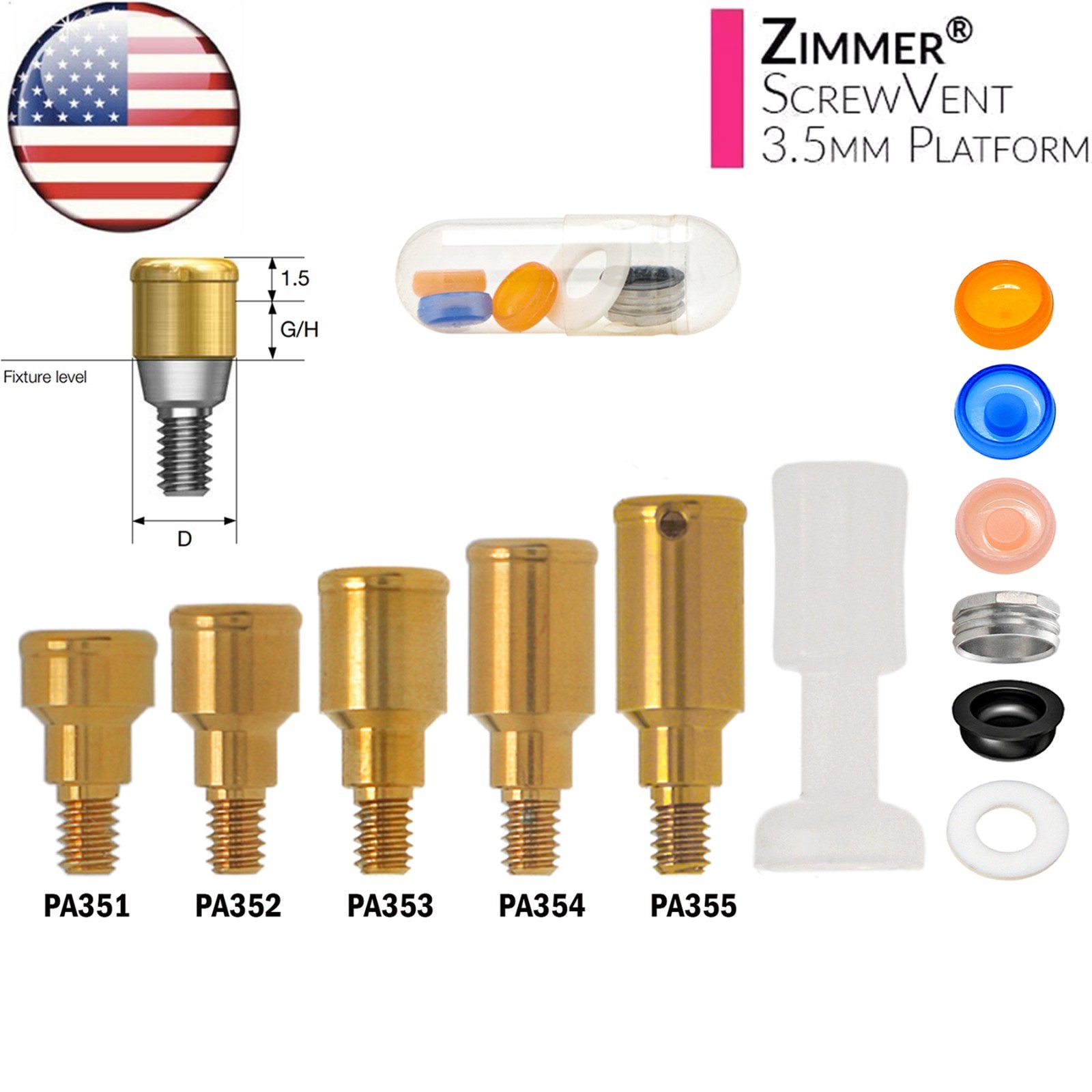 US Dental Locator Abutment For Zimmer Tapered Screw-Vent TSV Ø3.5/4.5mm Platform