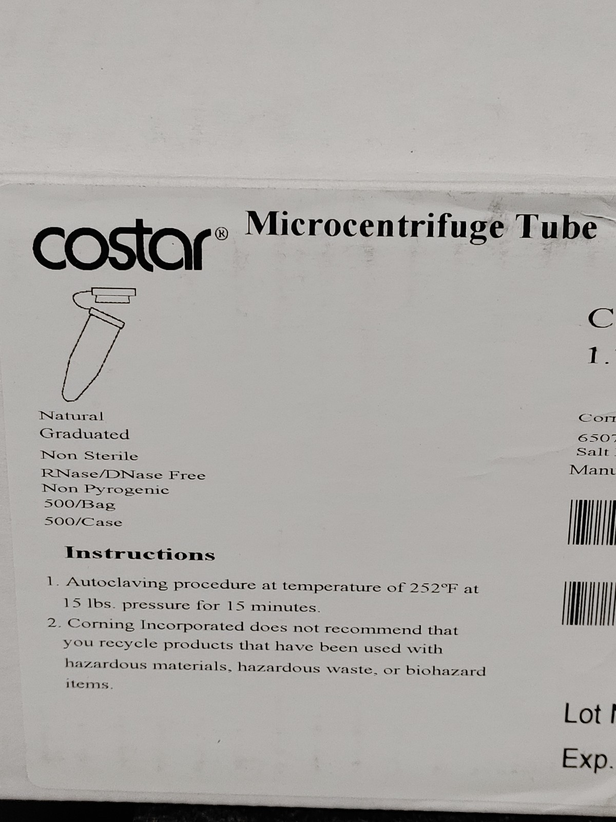 500 Box COSTAR 3620 1.7mL Snap Cap Microcentrifuge Tube Polypropylene Nonsterile