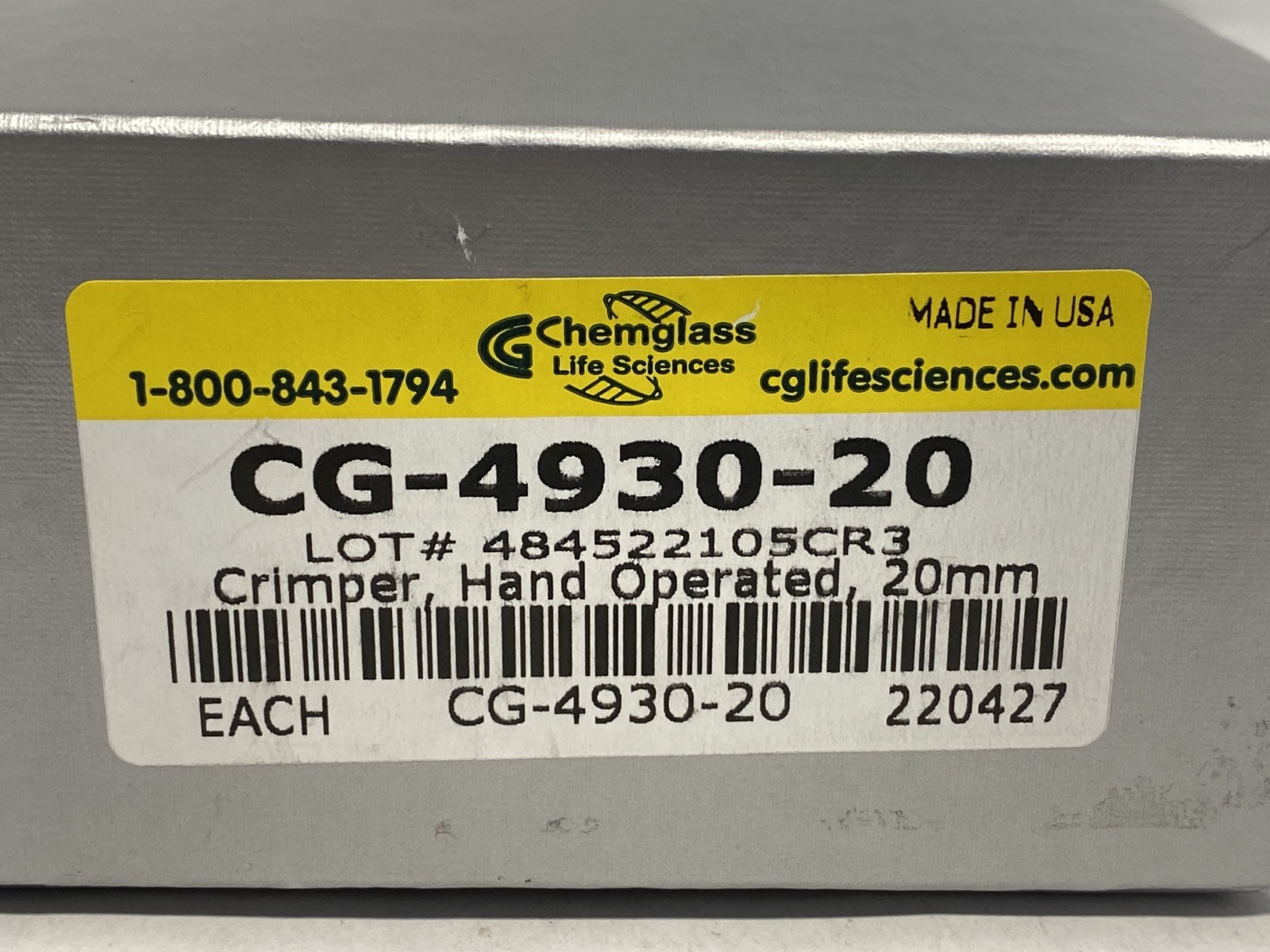New CHEMGLASS 20mm SS Coated Metal Crimp Top Vial Hand Crimper Tool CG-4930-20