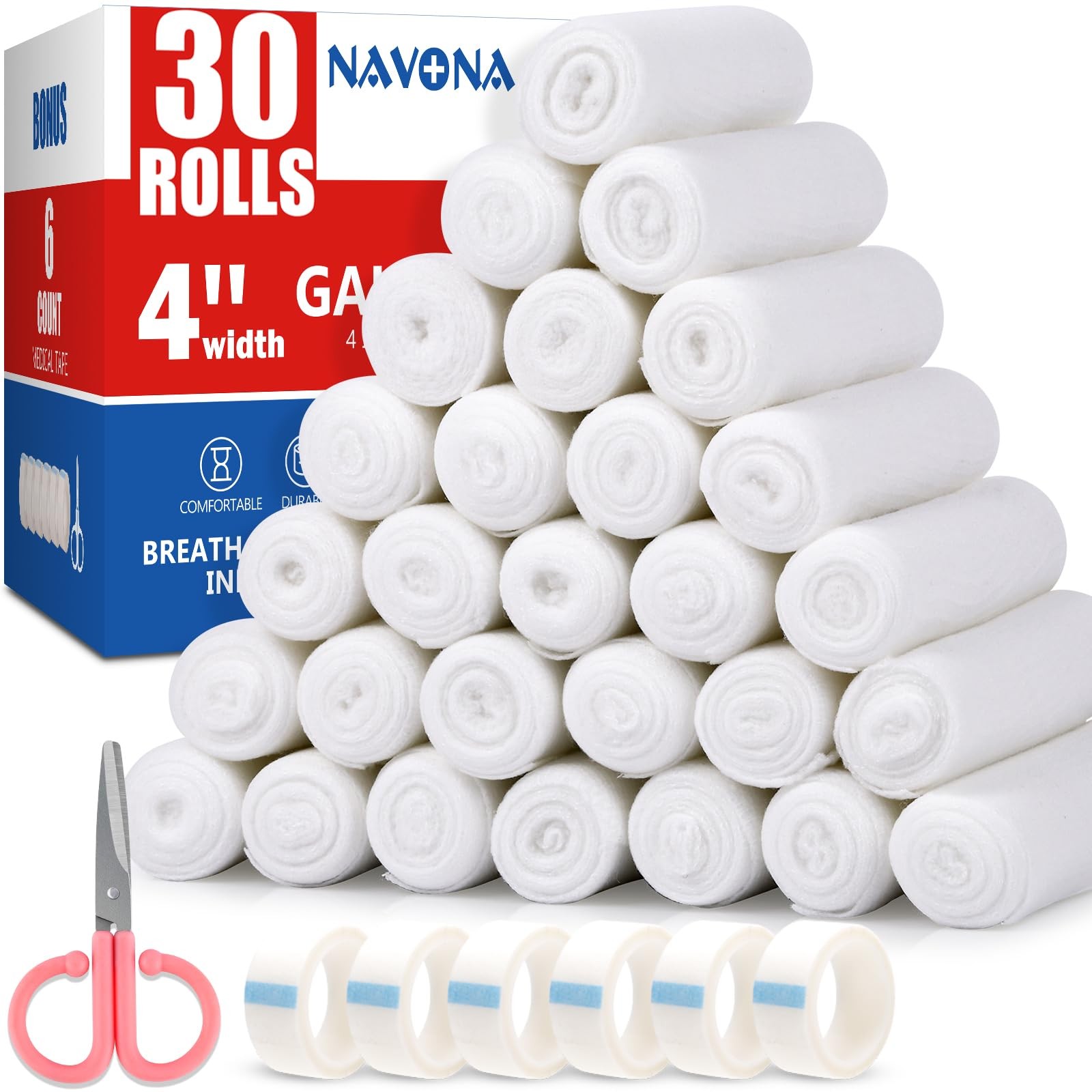 Navona Gauze Rolls 30 Pack, 4 in x 4.1 Yards, 4 Inch x yards, Pack of 30