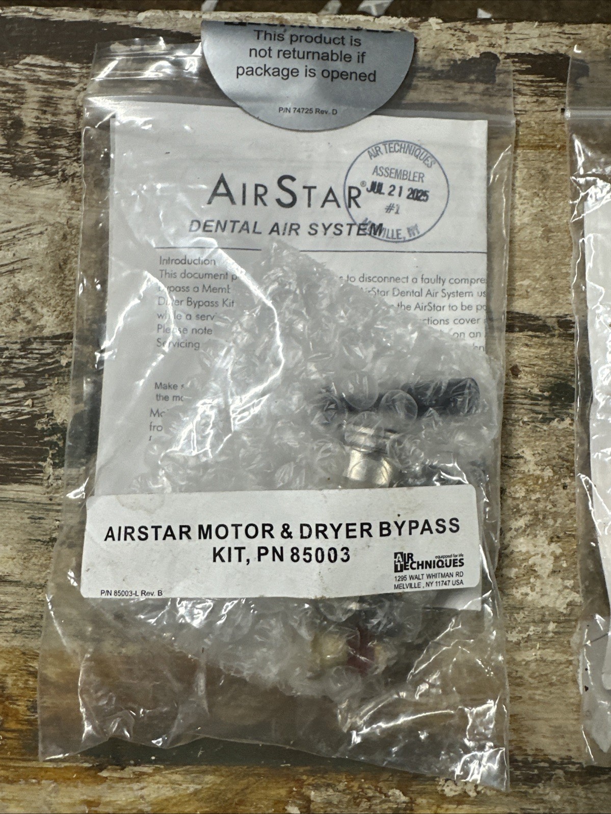Air Star Dental Air System, Airstar Motor and Dryer Bypass Kit PN 85003