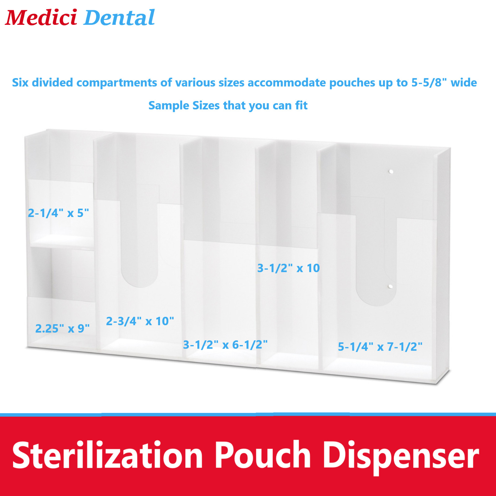 Dental Sterilization Pouches Holder 6 Sizes Pouch Compartments, Clear Acrylic