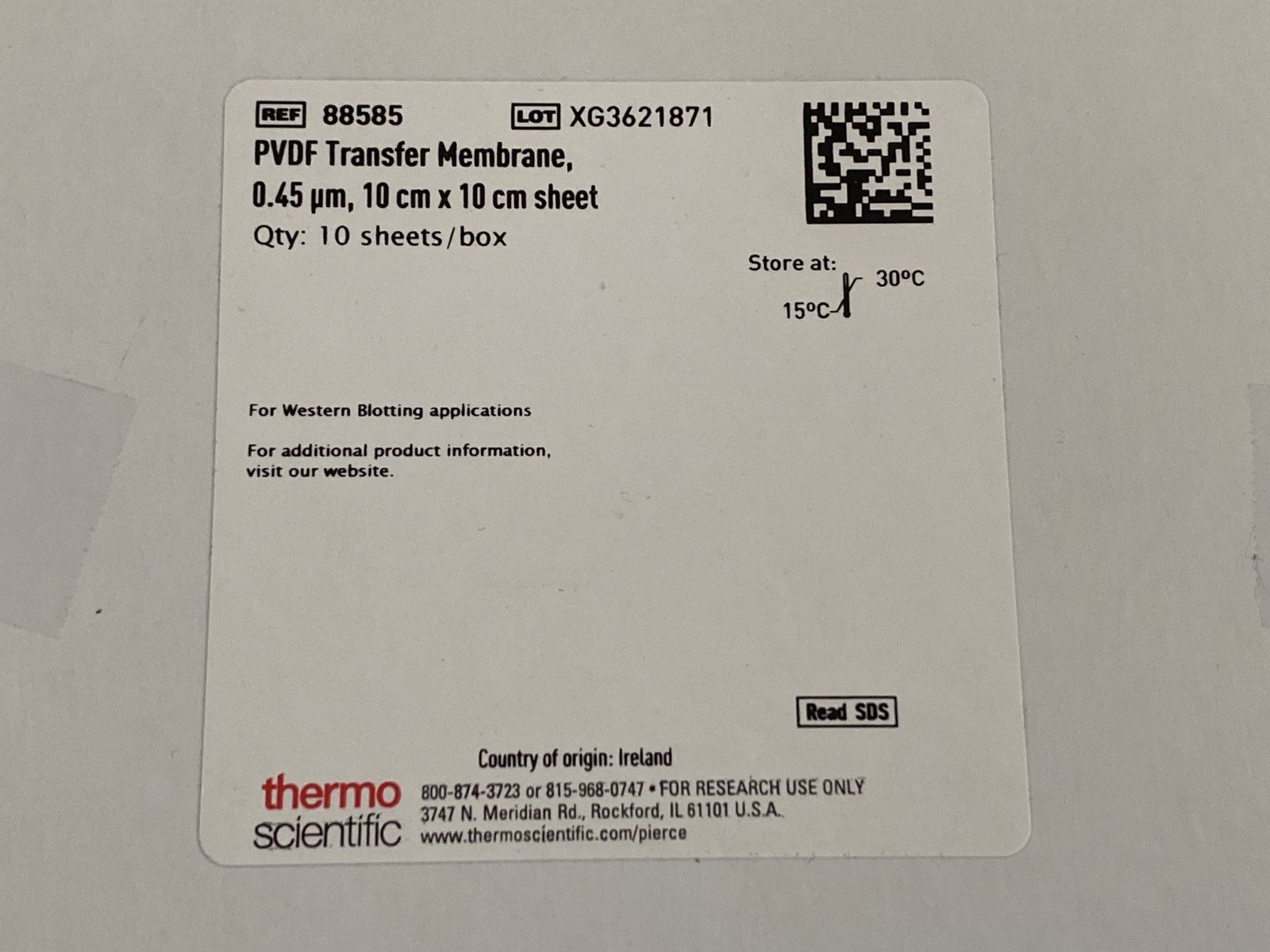 (10/Pk) THERMO Pierce Gel Blot PVDF Transfer Membrane 0.45um 10x10cm 88585