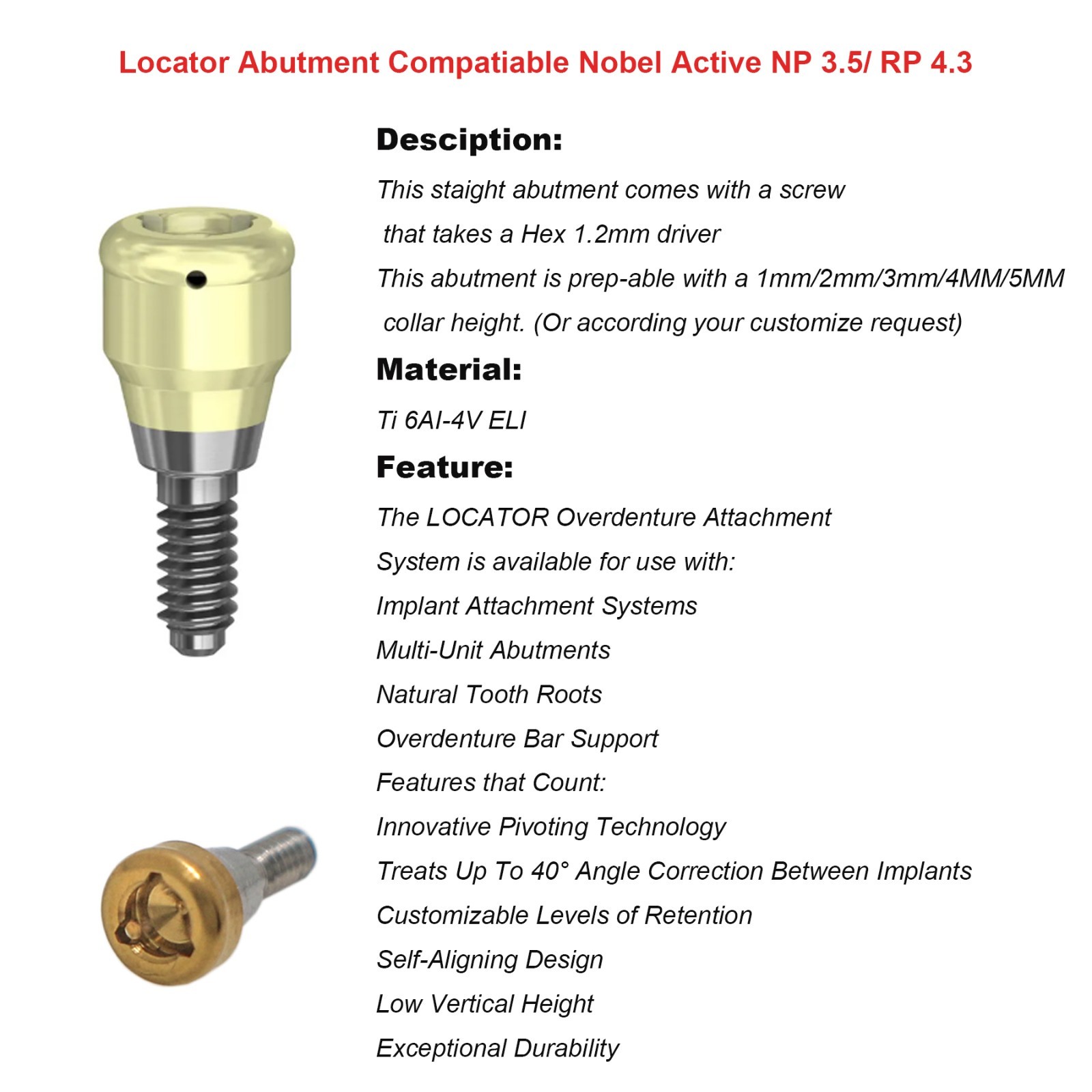 1/2pcs Removable Conical NP/RP Attachment Abutment Male Cap Core Tool fits Nobel