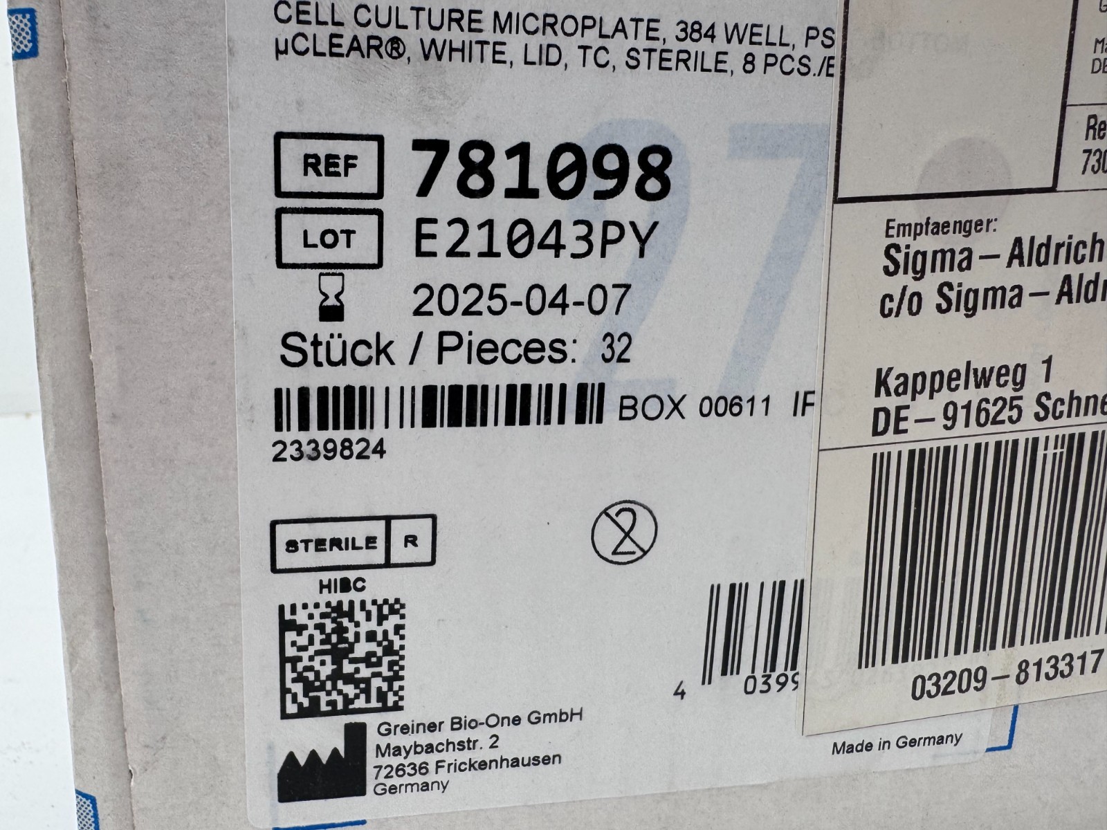 (32) Greiner Bio-One 781098 384-Well F-BOTTOM Cell Culture Microplate EXPIRED