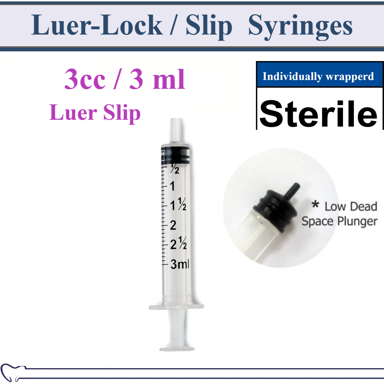 Dental 3cc / 3ml LUER SLIP or LUER LOCK SYRINGE STERILE SYRINGE, NO NEEDLE!