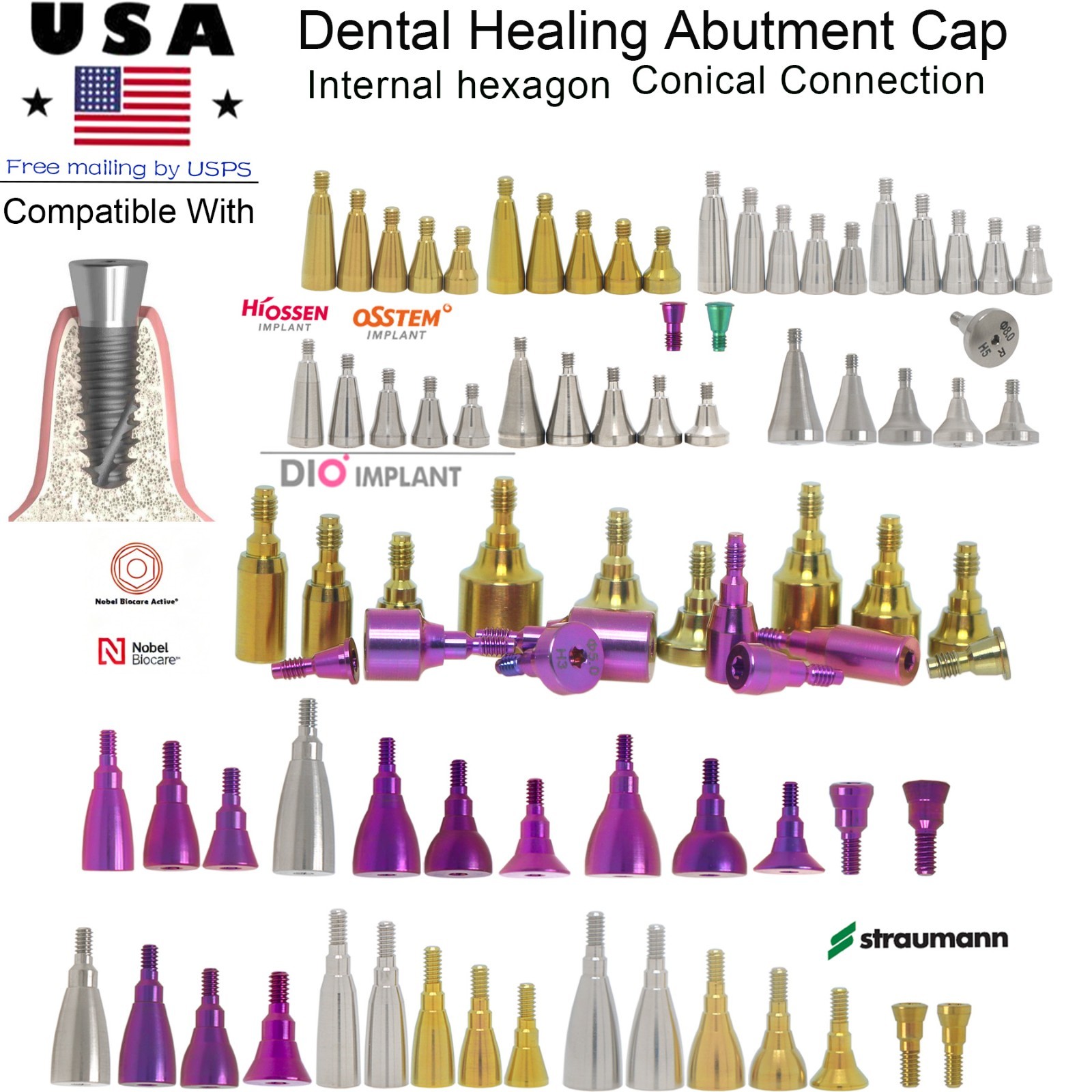 Ti Healing Cap Abutment Fits ITI Straumann Nobel Hiossen OSS DIO Implant system