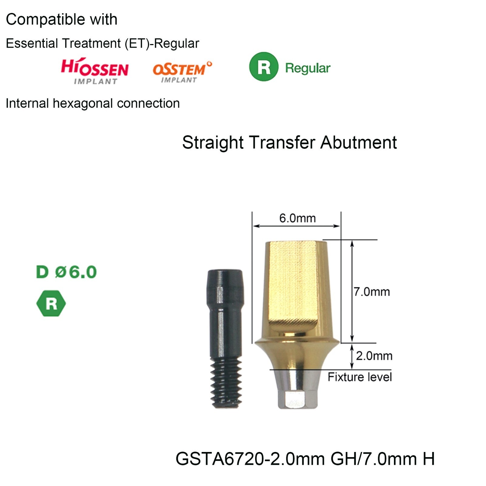5Pcs Dental Straight Abutment Hiossen Mini/Regular conical replica screw 2 mm GH