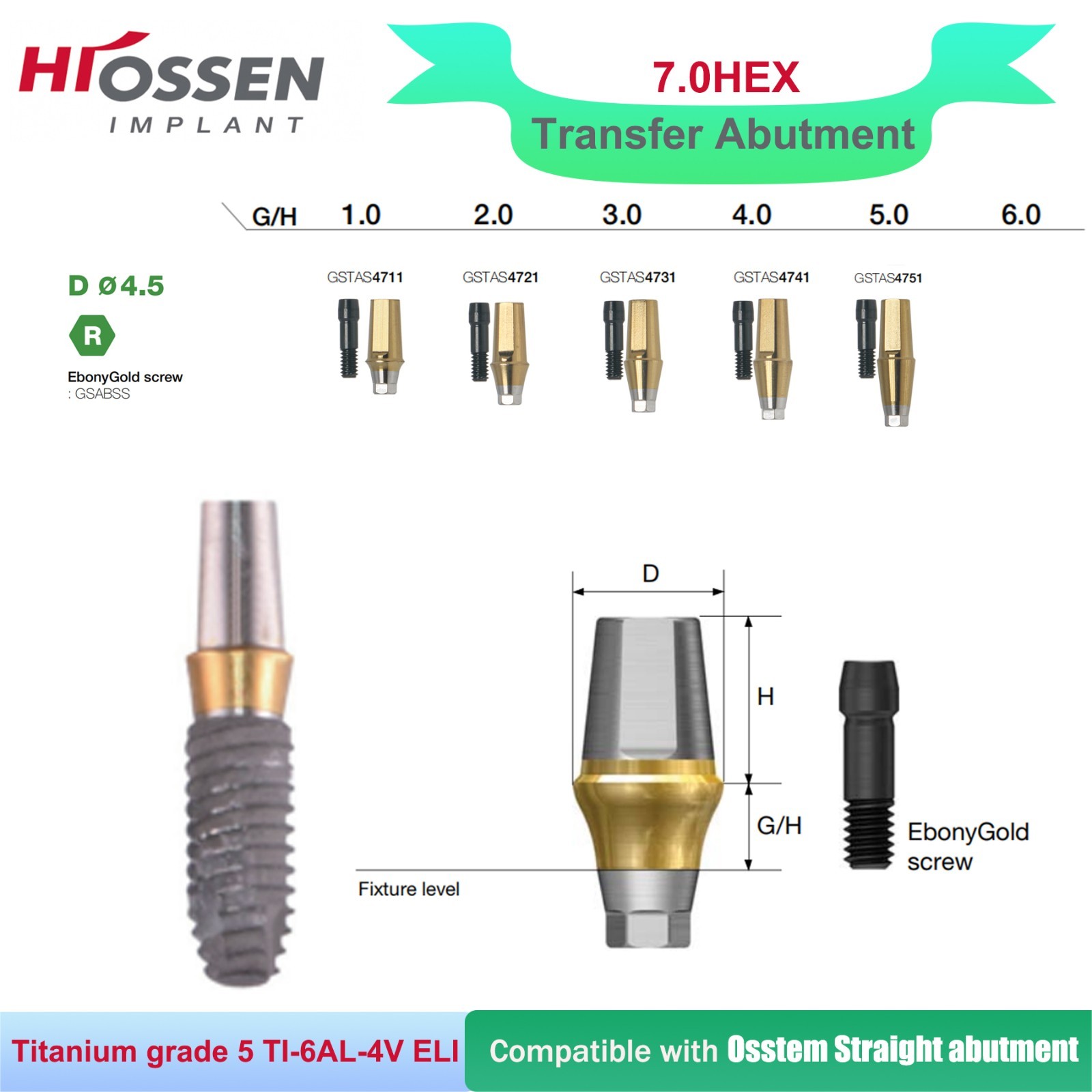 US Dental Regular Straight Abutment Ø4.5mm GH 1-5mm Screw for Osstem Hiossen ET