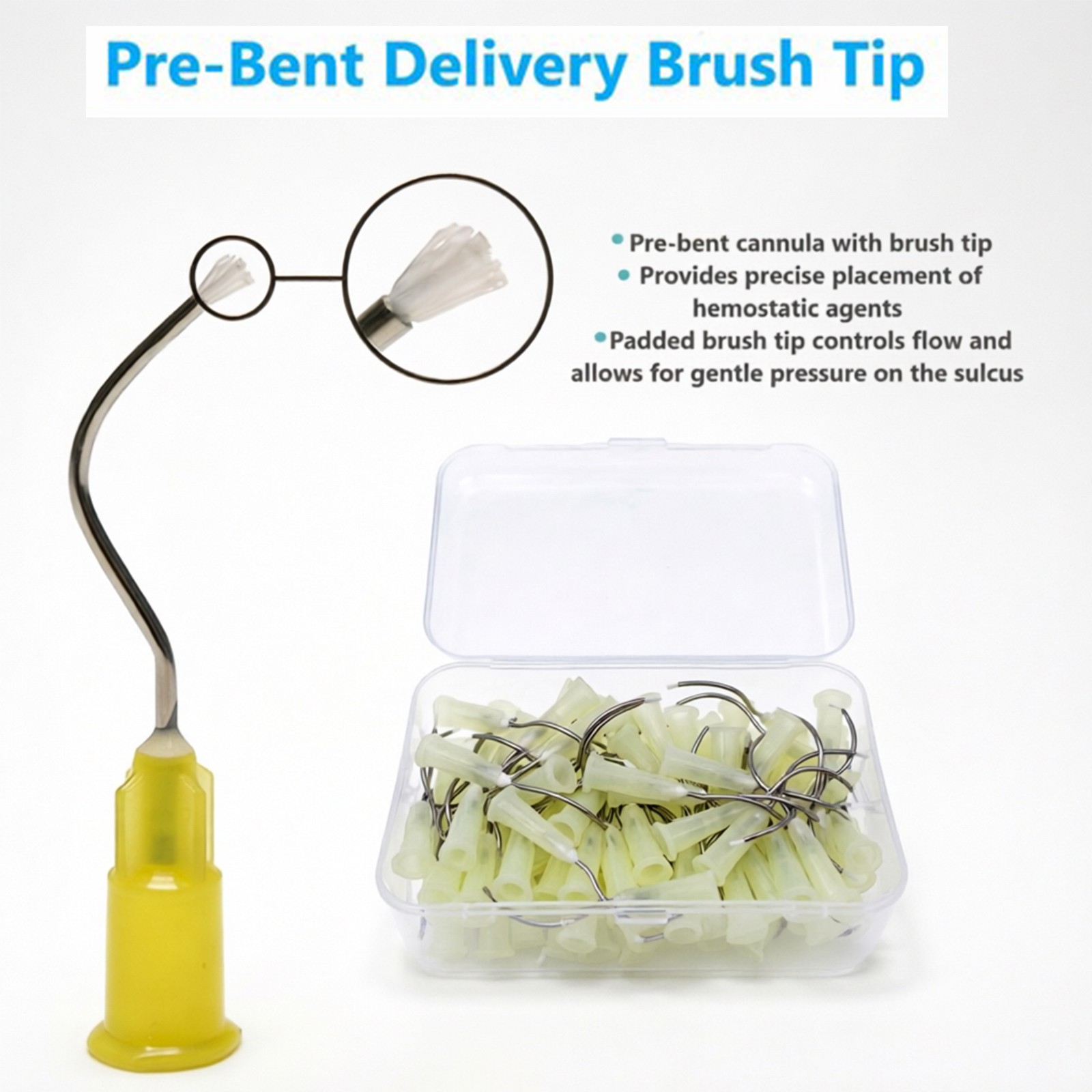 Dental Disposable metal infusor yellow tip with brush Pre-Bent padded 19G