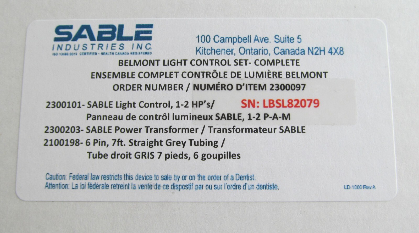 SABLE BELMONT 2300097 LED DENTAL LIGHT CONTROL SET W/ 2300101, 2100198, 2300203