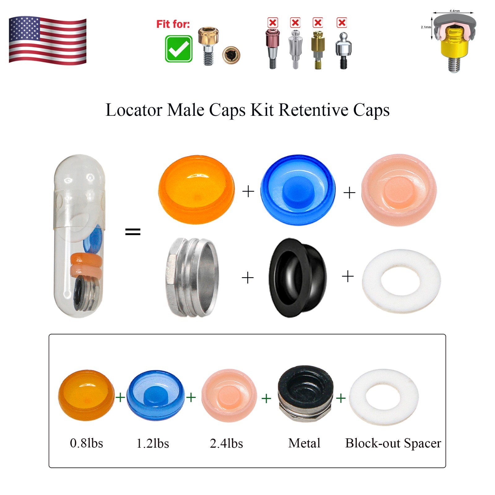 US Dental Overdenture Locator Abutment Retention Cap Male caps Inserts 5Pcs/set