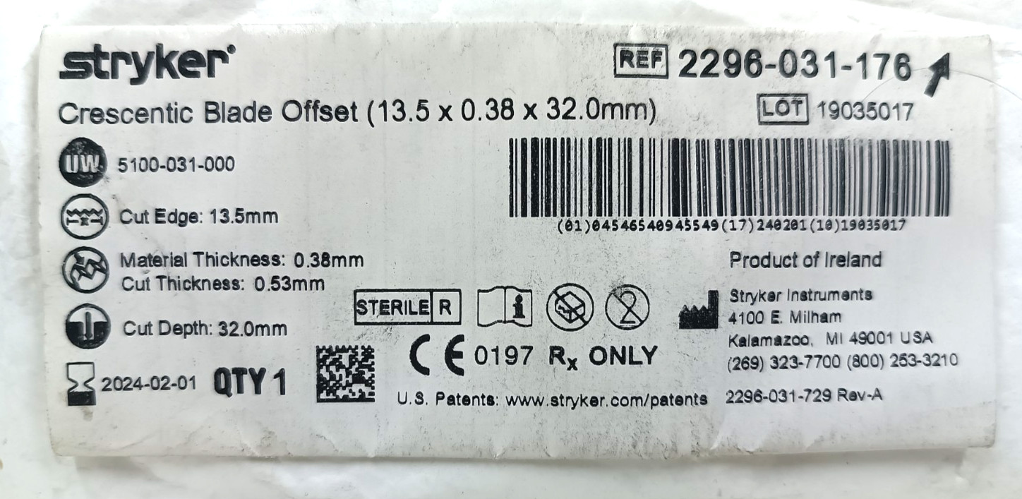 Stryker 2296-031-176 Crescentic Offset Blade 13.5x.38×32 For Training