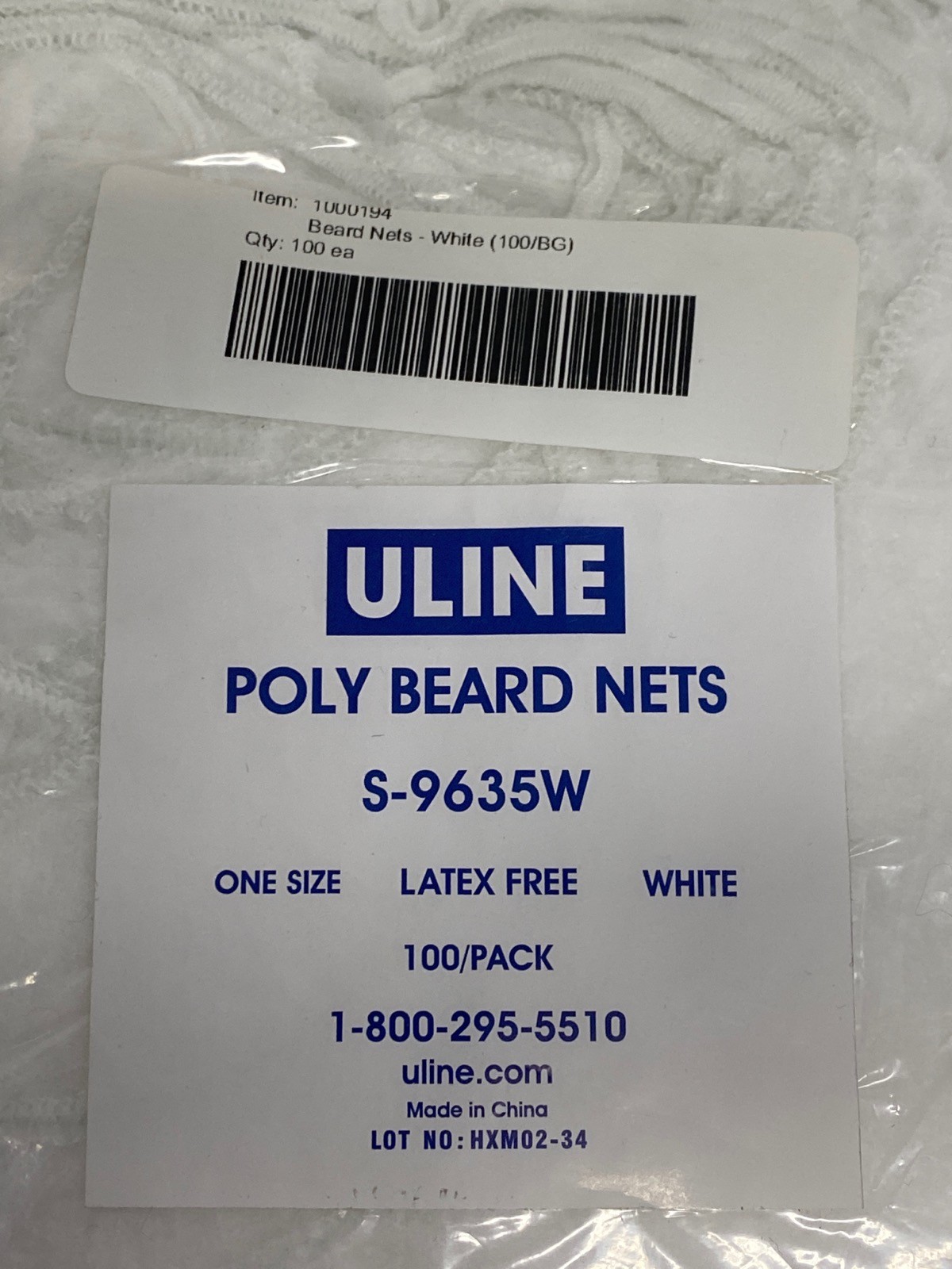 (500) ULINE Polypropylene Beard Nets White One-Size Latex-Free S-9635W
