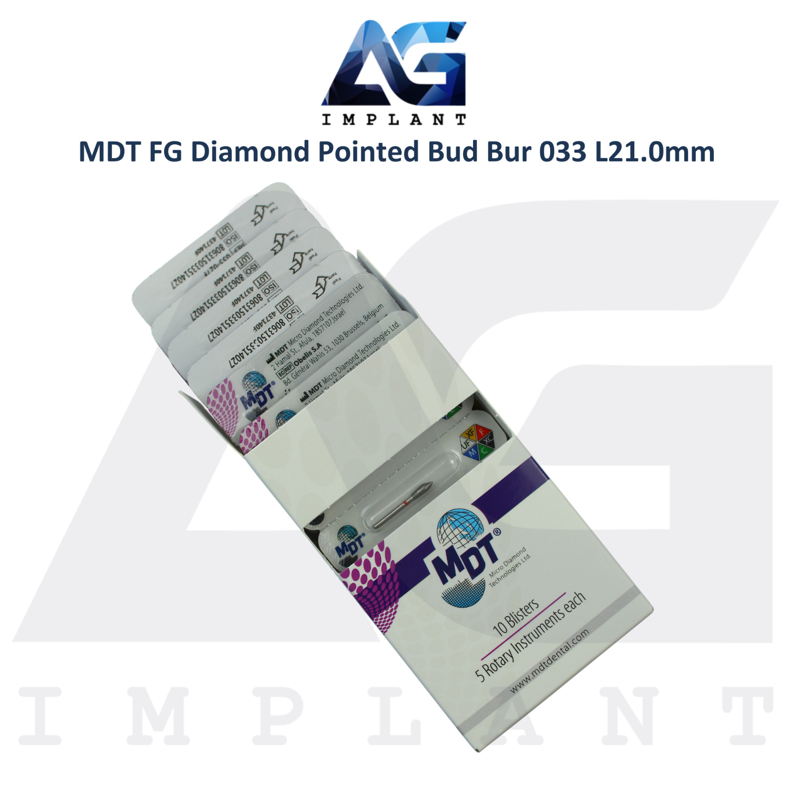 MDT Dental FG Diamond Coated Pointed Bud Bur 033 L21.0mm Ø0.27mmX7.0mm Tool