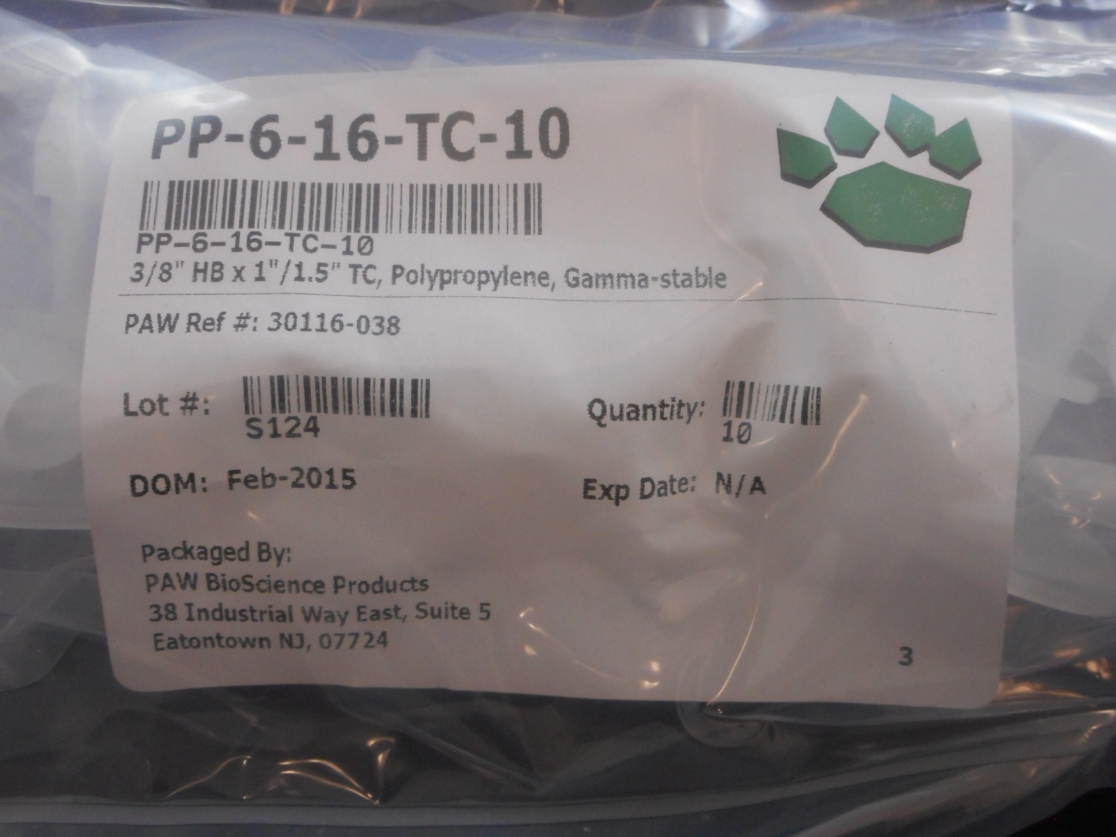 NEW PAW BIOSCIENCE 3/8”HB x 1″/1.5”TC Gamma-Stable Polypropylene Adapters (x10)
