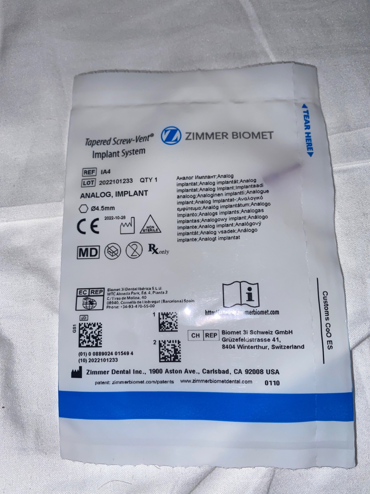 Zimmer Biomet Tapers Screw Vent Implant System-Analog 4.5mm Pink